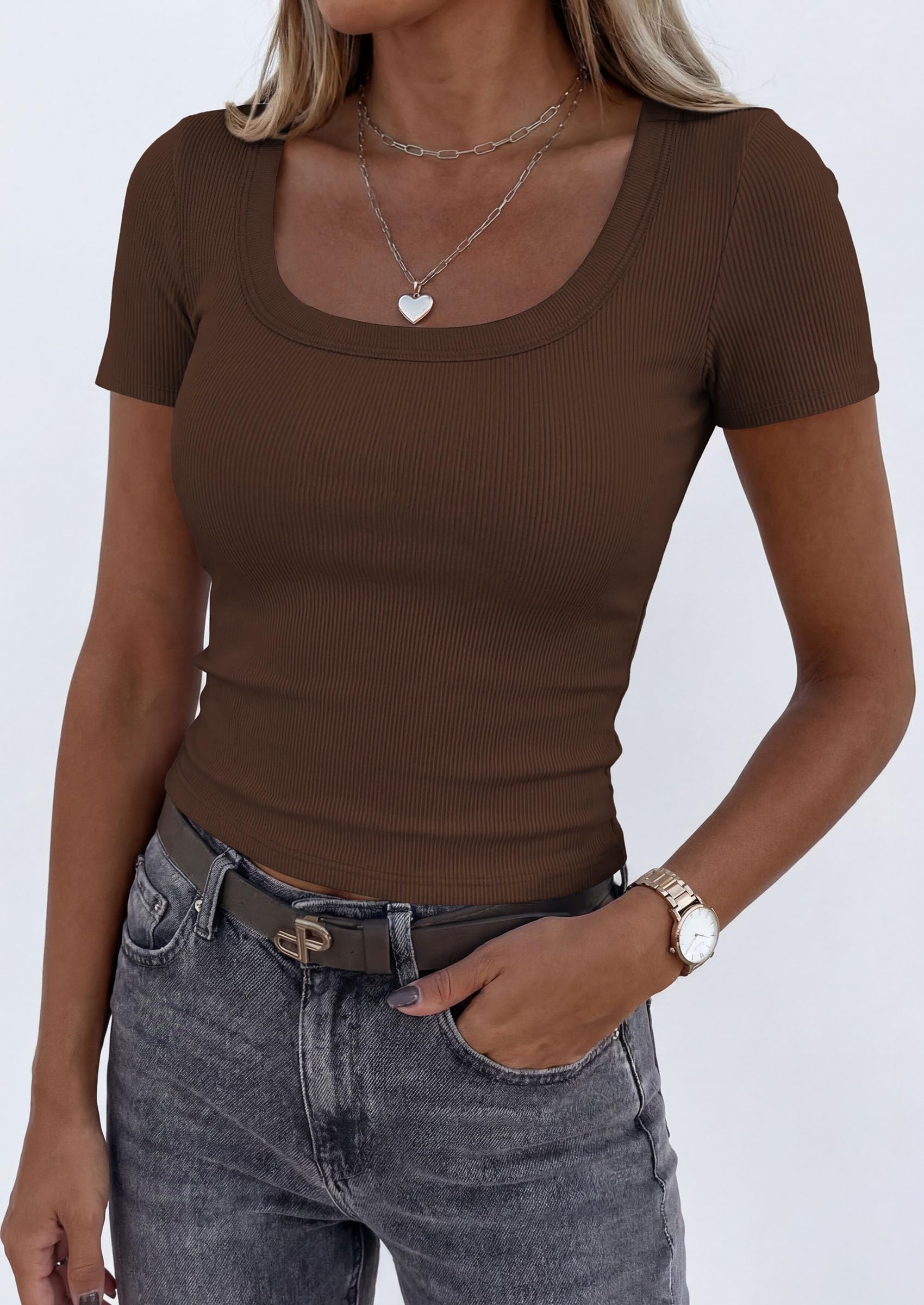 Womens Summer Short Sleeve Scoop Neck Tops,Coffee,S