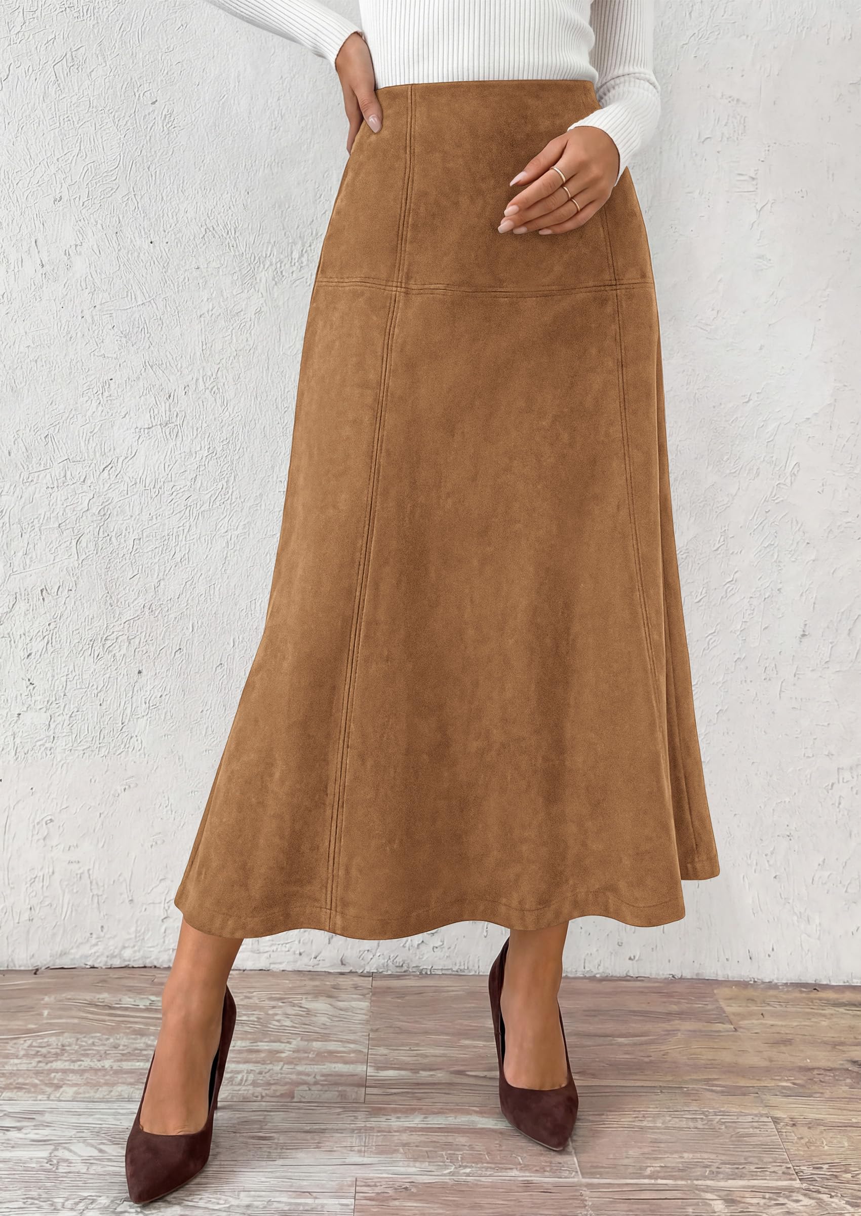 Womens High Waist Faux Suede A Line Midi Skirt,Khaki,S