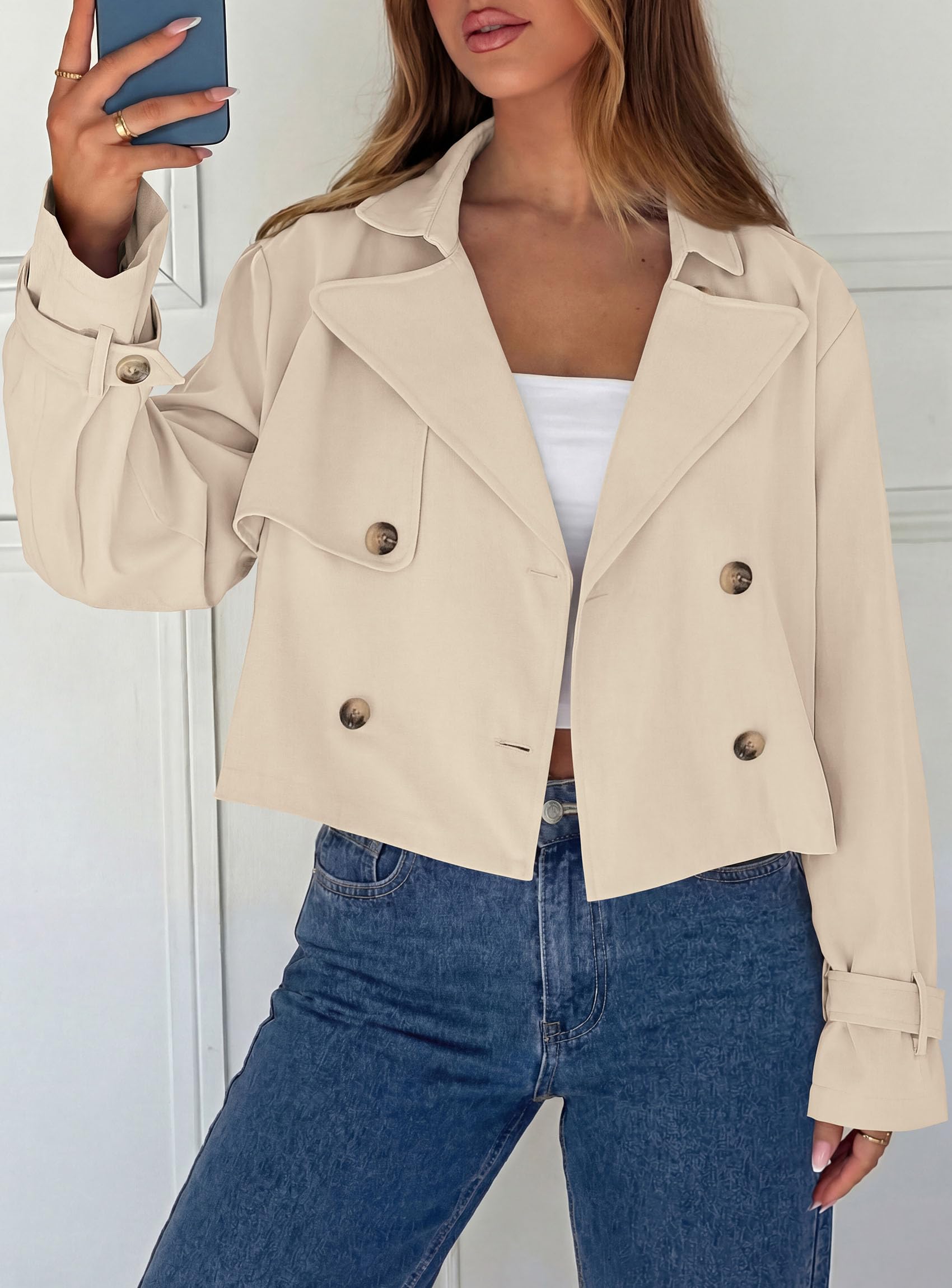 Cropped Trench Coat For Women Short Jacket,Beige,S