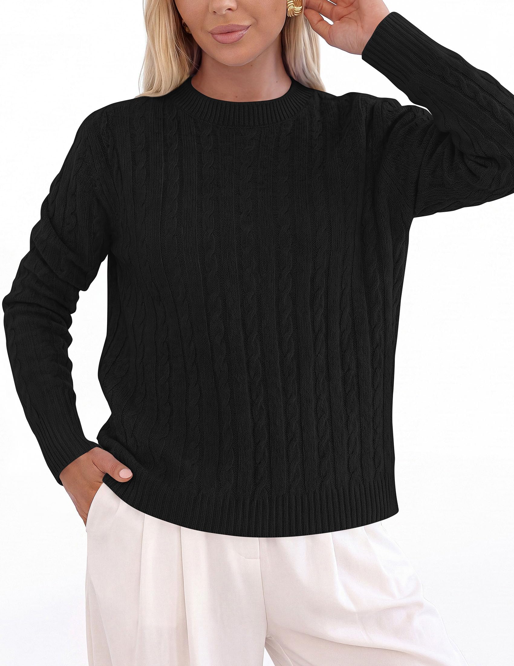 Womens Cable Knit Crewneck Fall Sweater Long Sleeve Tops 2026