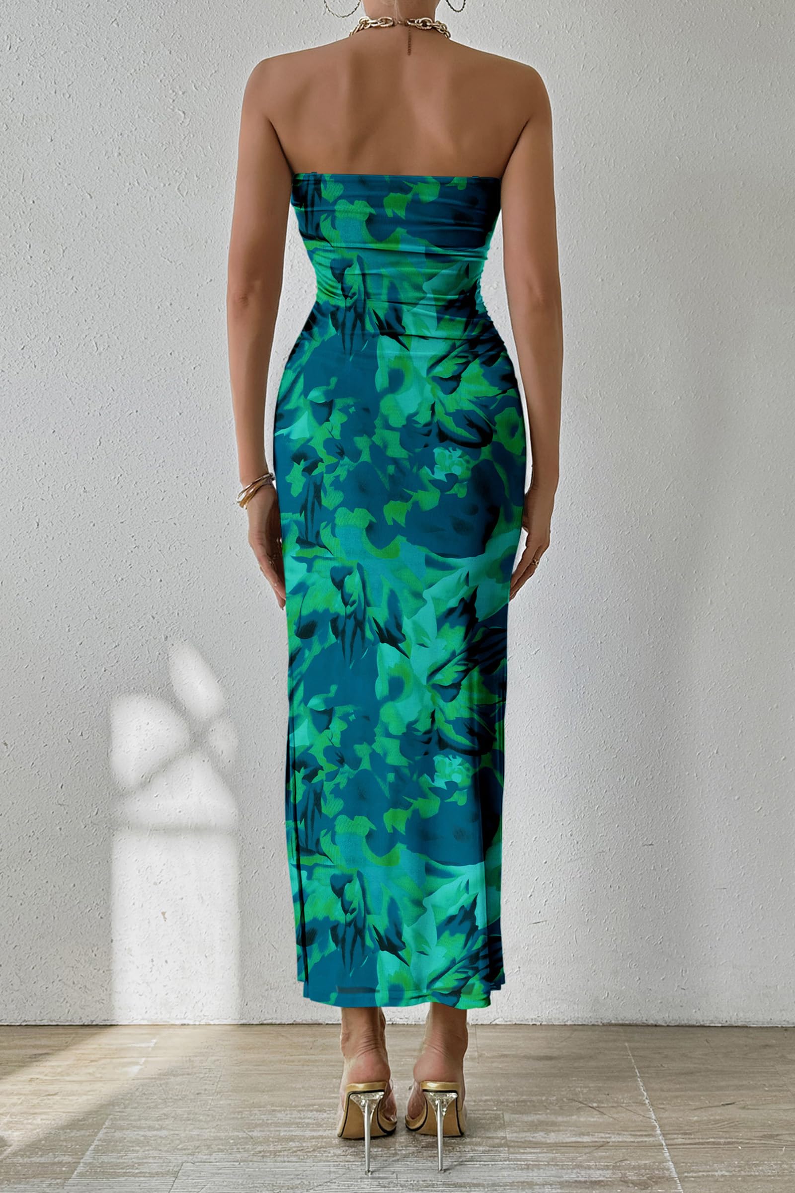 Womens Strapless Bodycon Maxi Dress, Green Big Floral,S