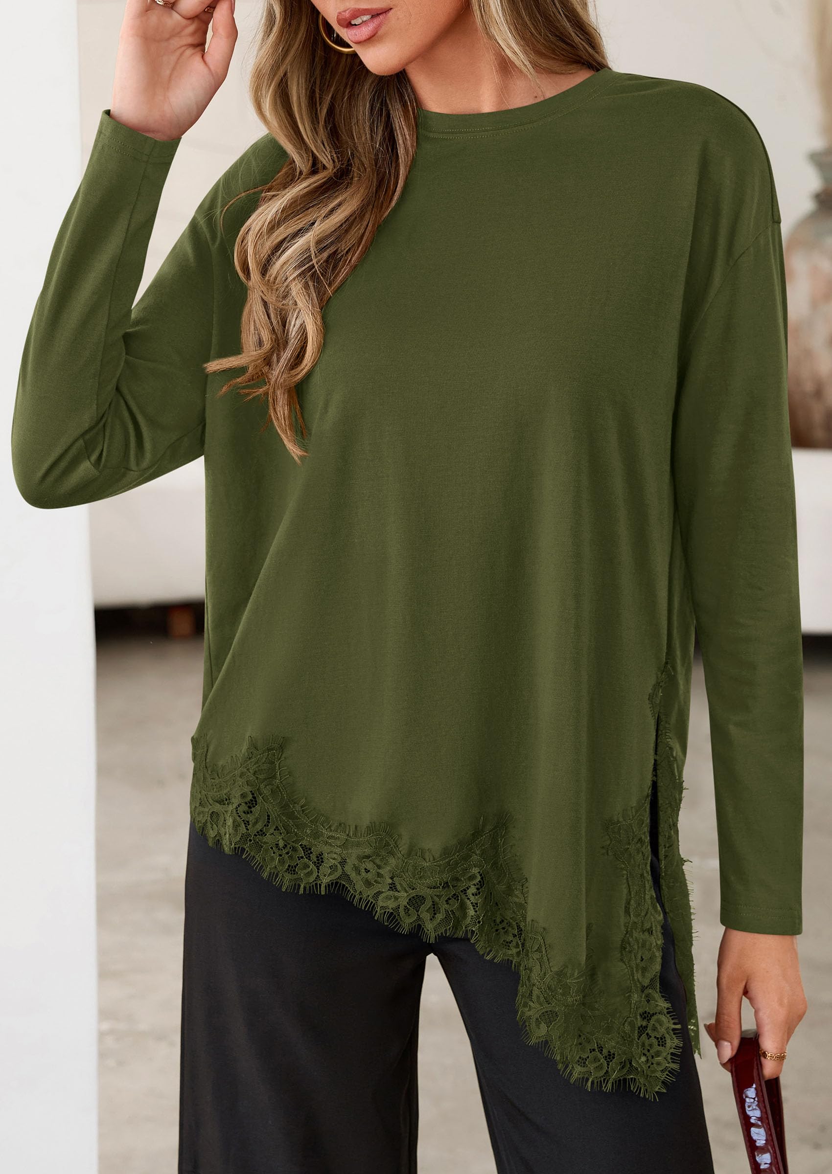Women's Long Sleeve Asymmetrical Lace Tops Oversized Tshirts