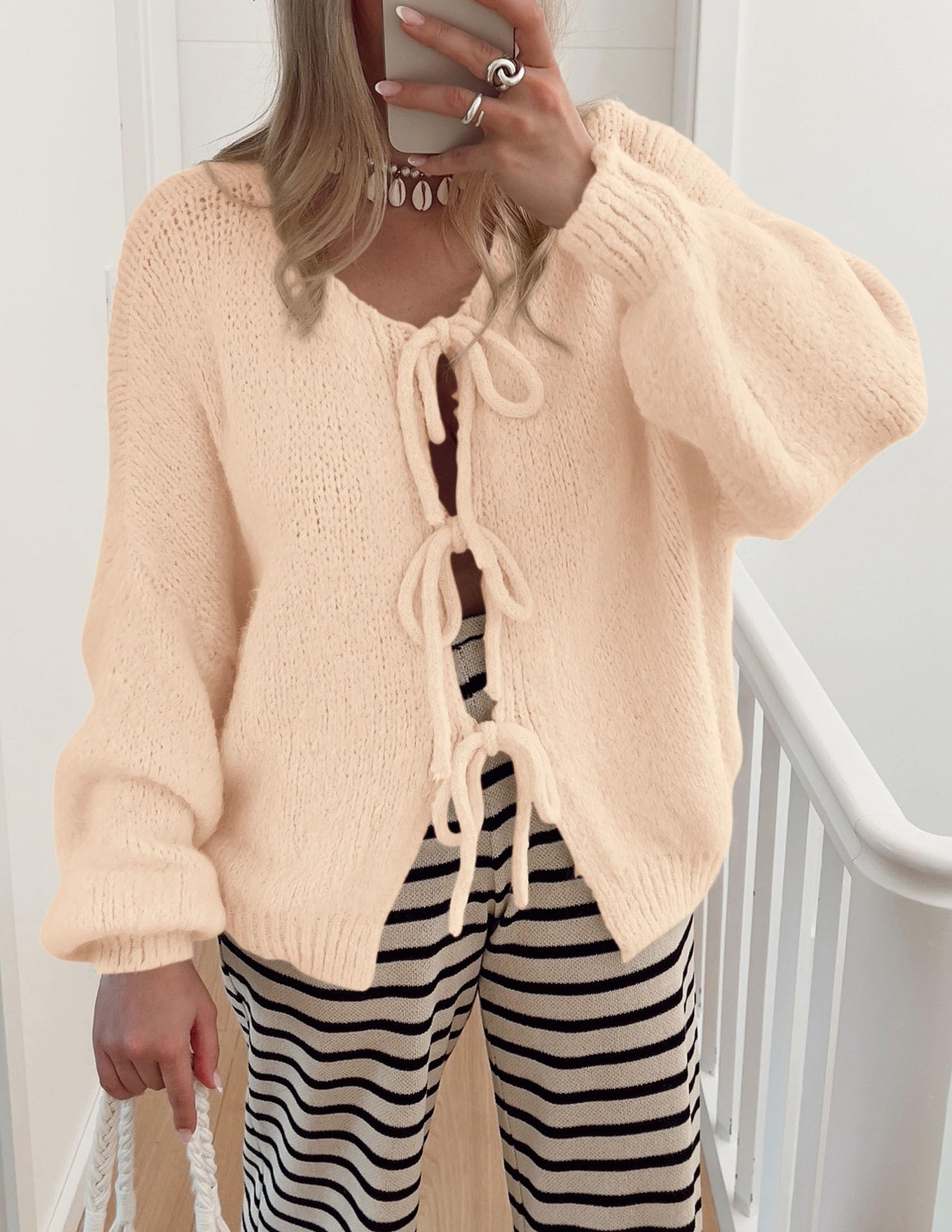 Women's Tie Front Bow Cardigan Sweaters(Apricot,Small)