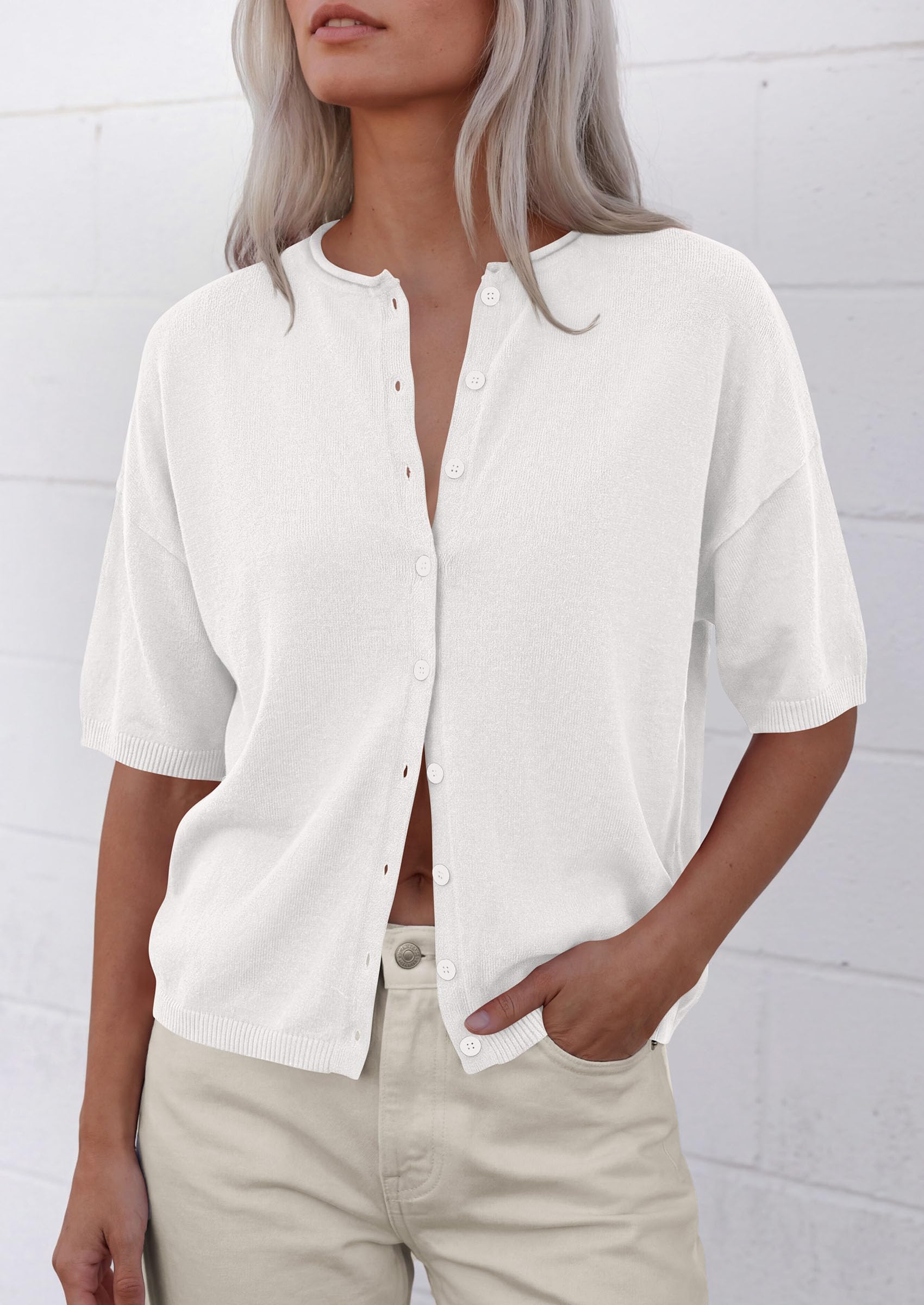 Women's Short Sleeve Cardigan Sweaters (White,Small)