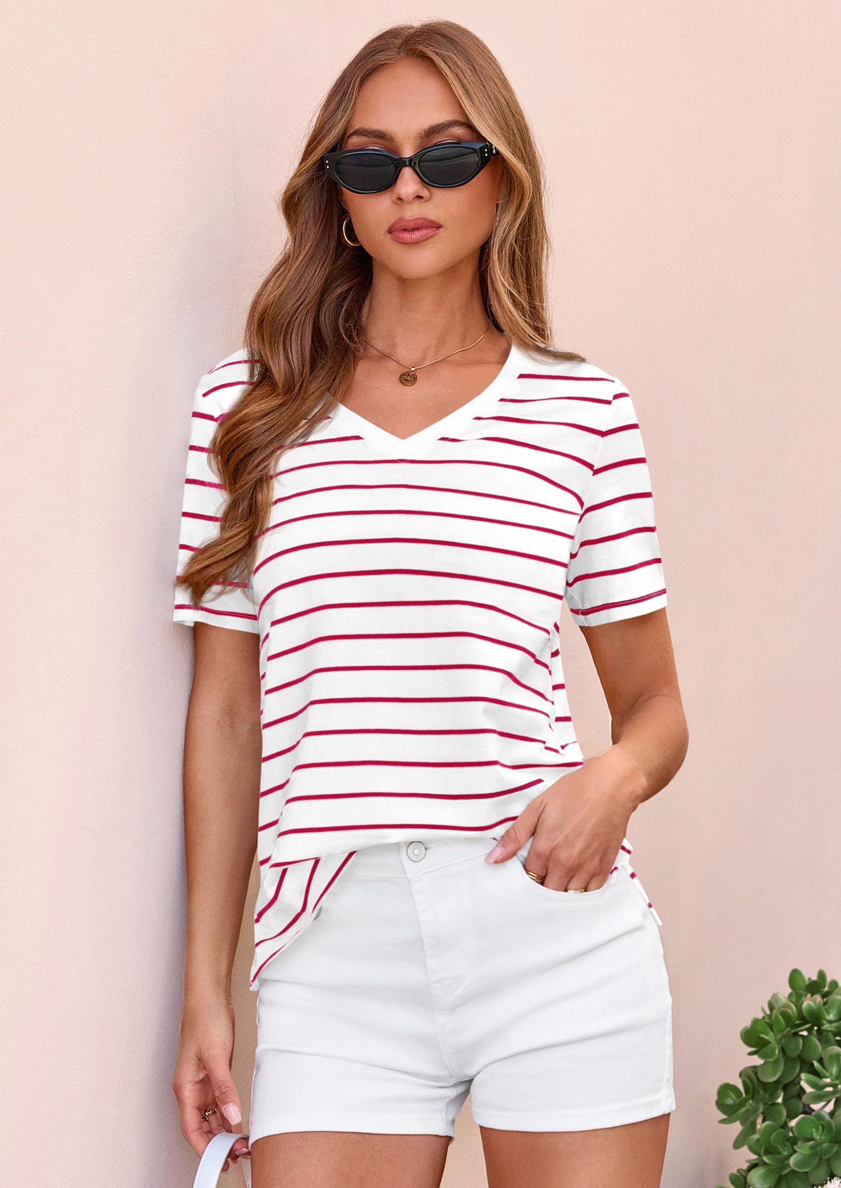 Striped Short Sleeve Womens Tops,Striped White Red,S