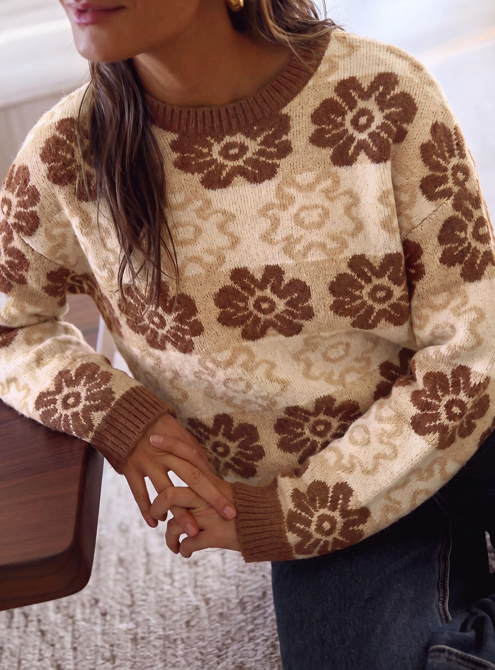 Women's Floral Crewneck Sweater Knit Pullover,Khaki,S