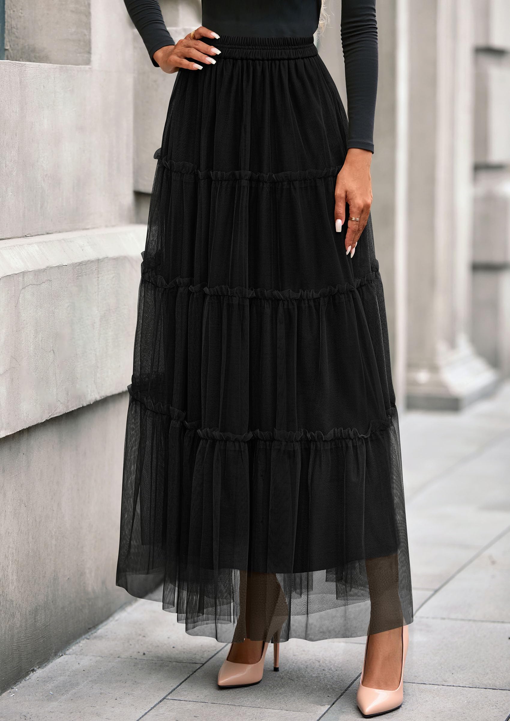 Women's Fall Soft Tulle Tiered Long Skirt,Black,S