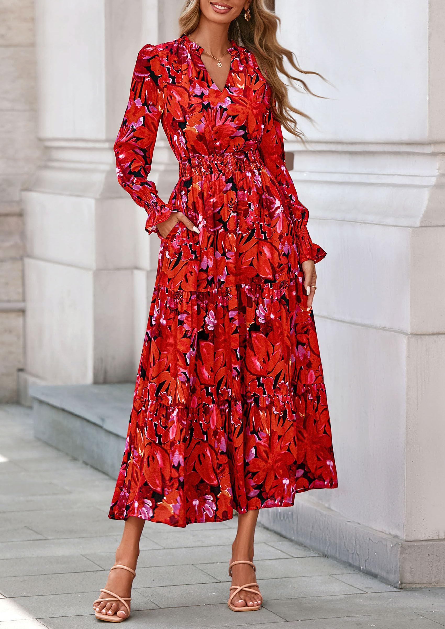 Women's Floral Maxi Dress Fall A Line Wedding Guest Dresses