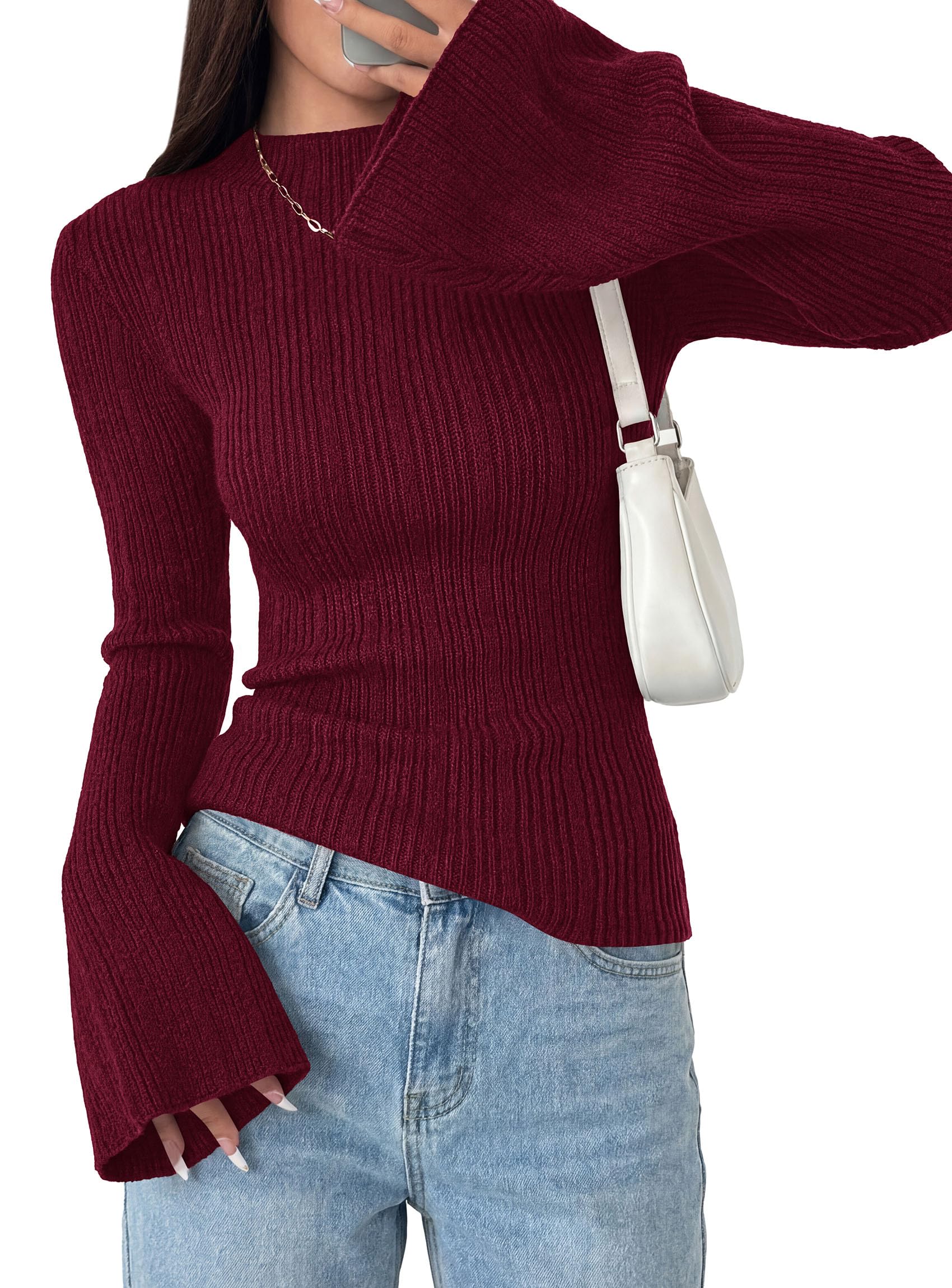 Womens Bell Long Sleeve Tops Mock Neck Sweaters,Burgundy,L