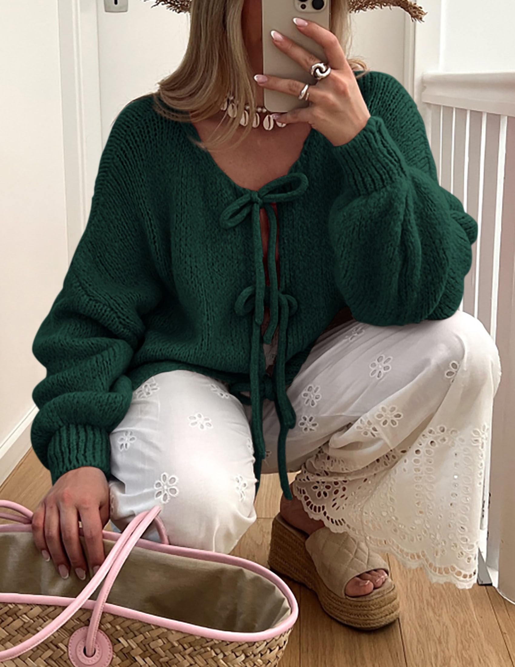Women's Tie Front Bow Cardigan Sweaters(Dark Green,Small)