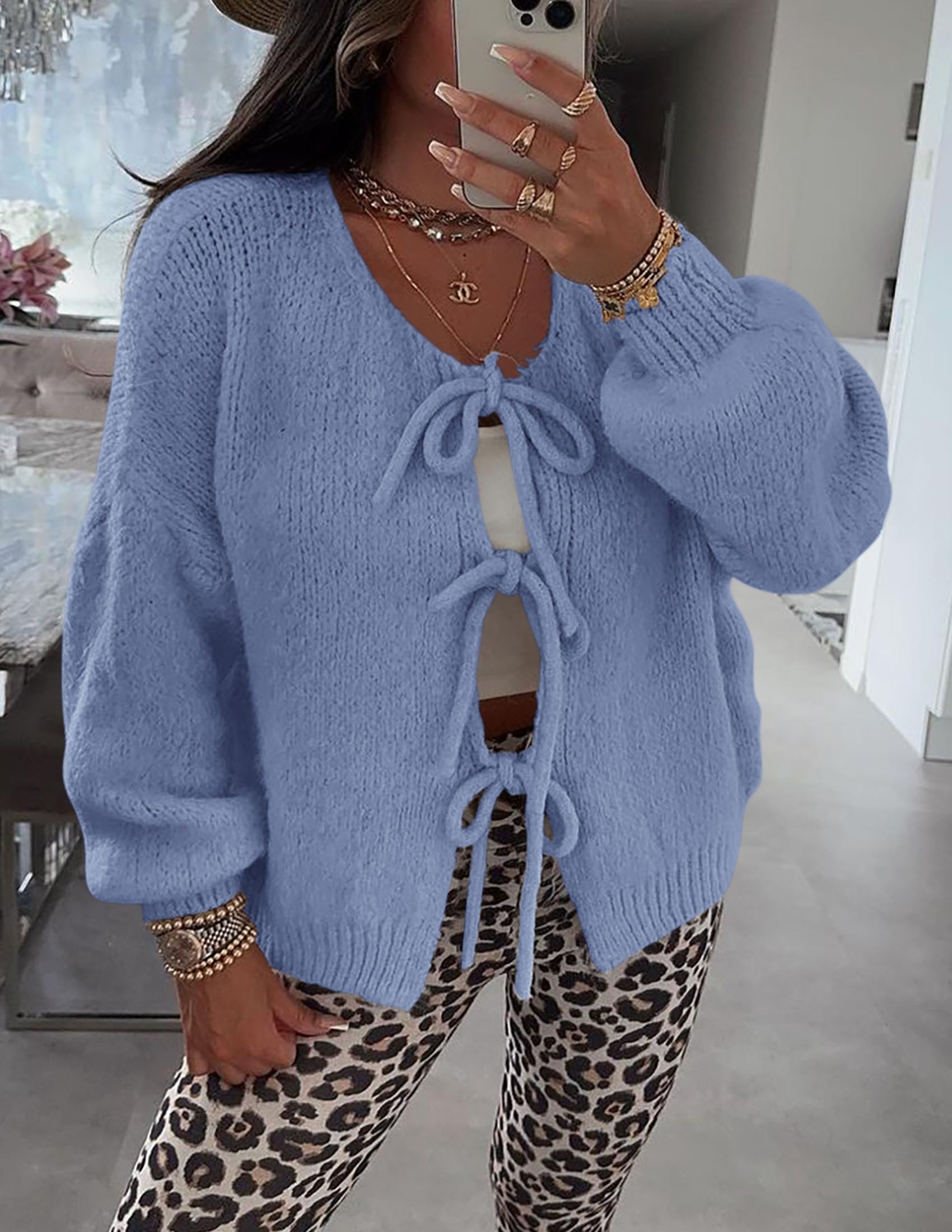 Women's Tie Front Bow Cardigan Sweaters(Mist Blue,Small)