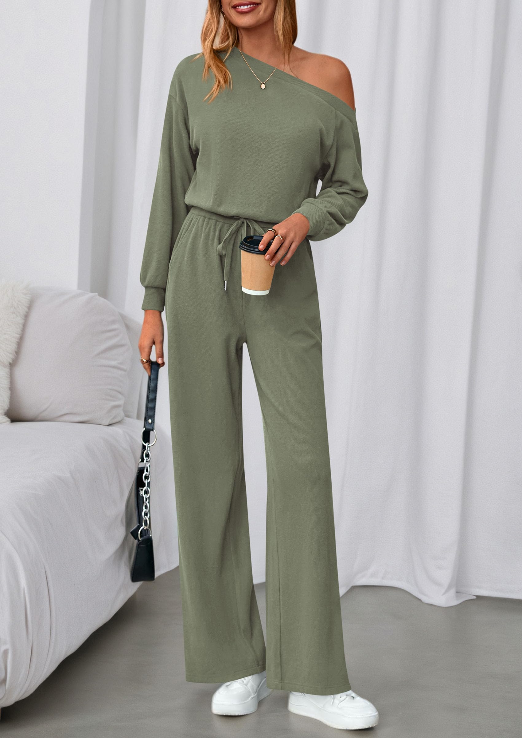 Womens Off Shoulder Long Sleeve Jumpsuit,Bean Green,S