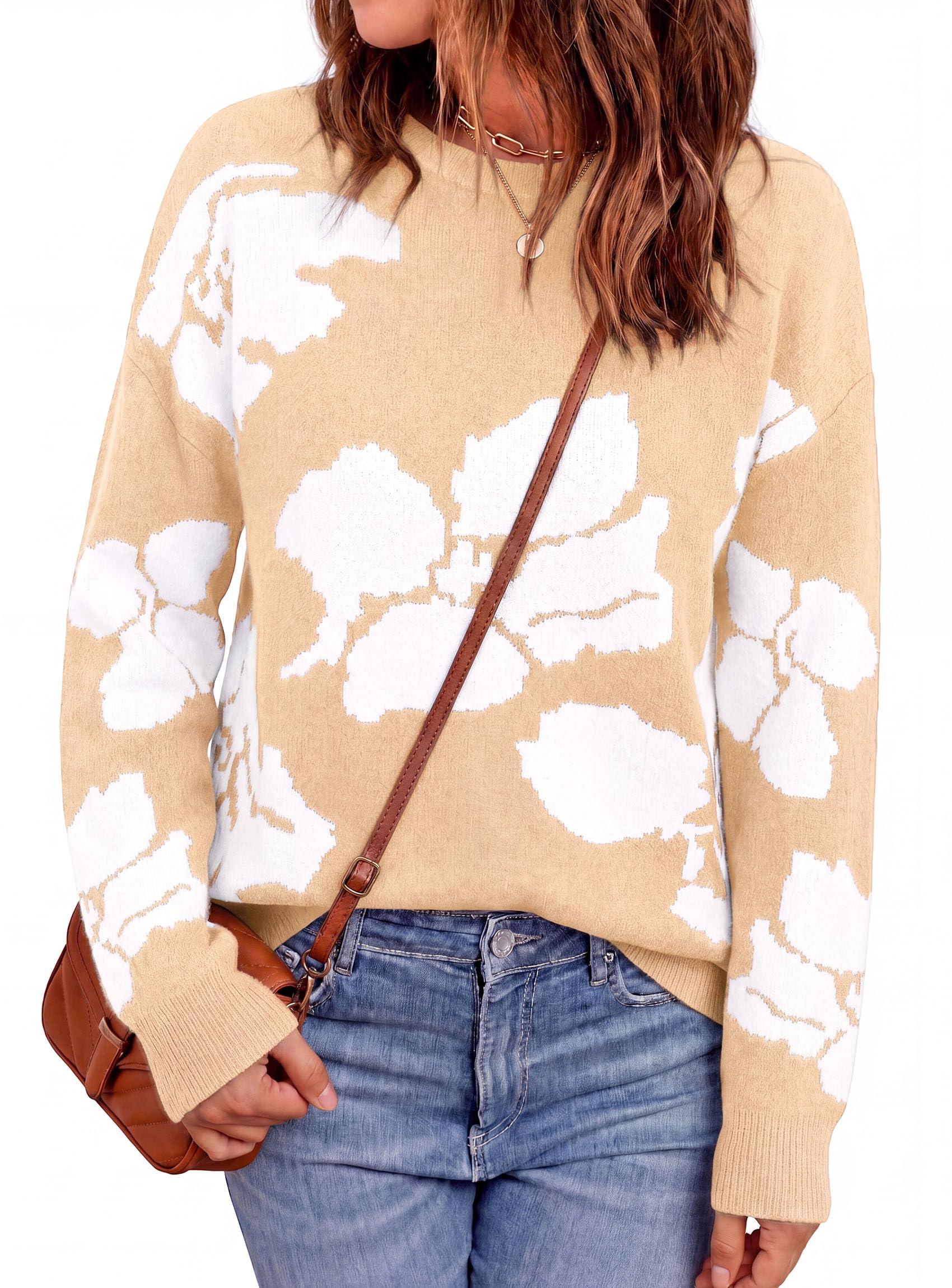 Womens Floral Sweater Crewneck Printed Pullover Tops Apricot