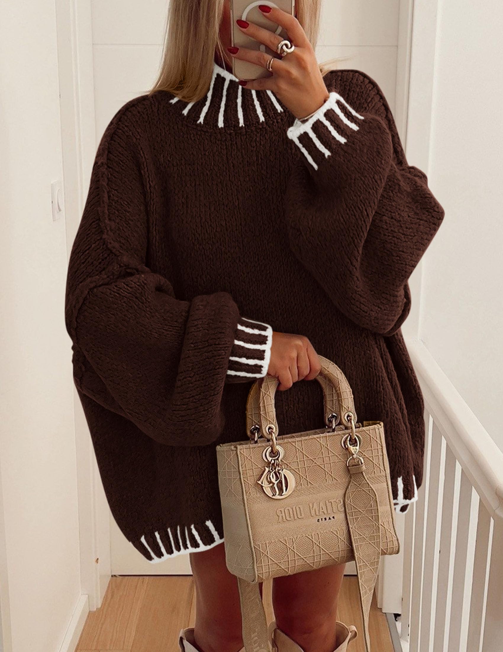 Women's Mock Neck Oversized Pullover Sweaters,Brown,XS