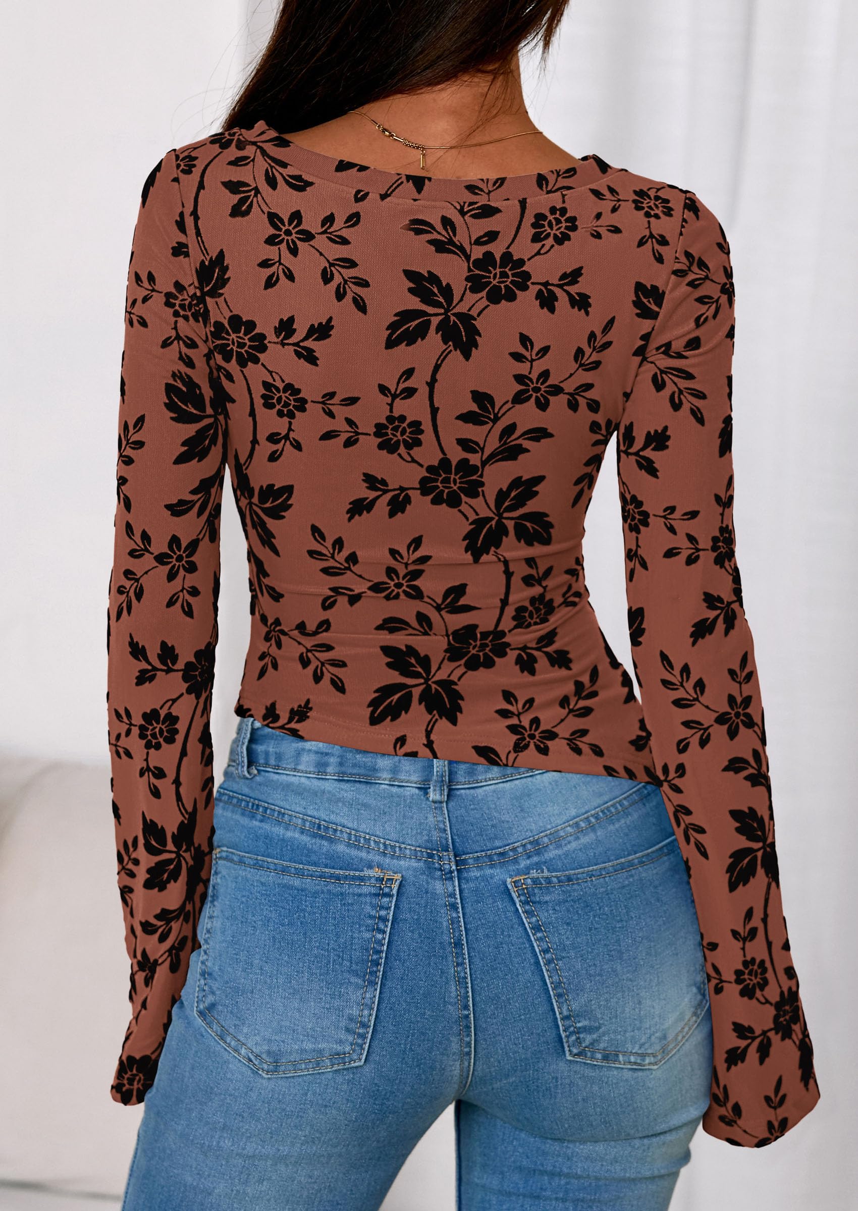 Women's Long Bell Sleeve Y2K Tops Boho Floral Mesh Blouses