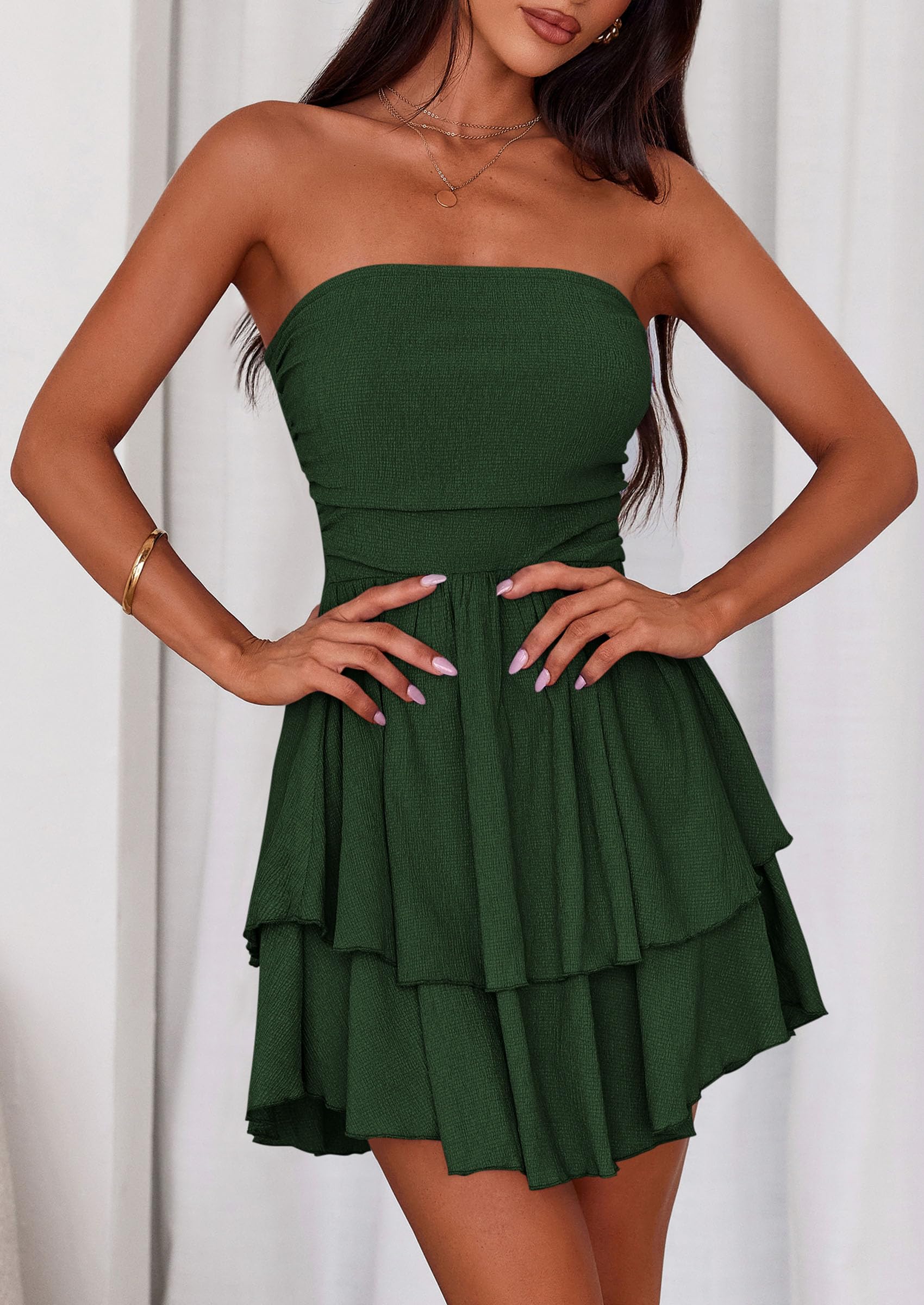 Women's Summer Strapless Flowy Mini Dresses (Dark Green,S)