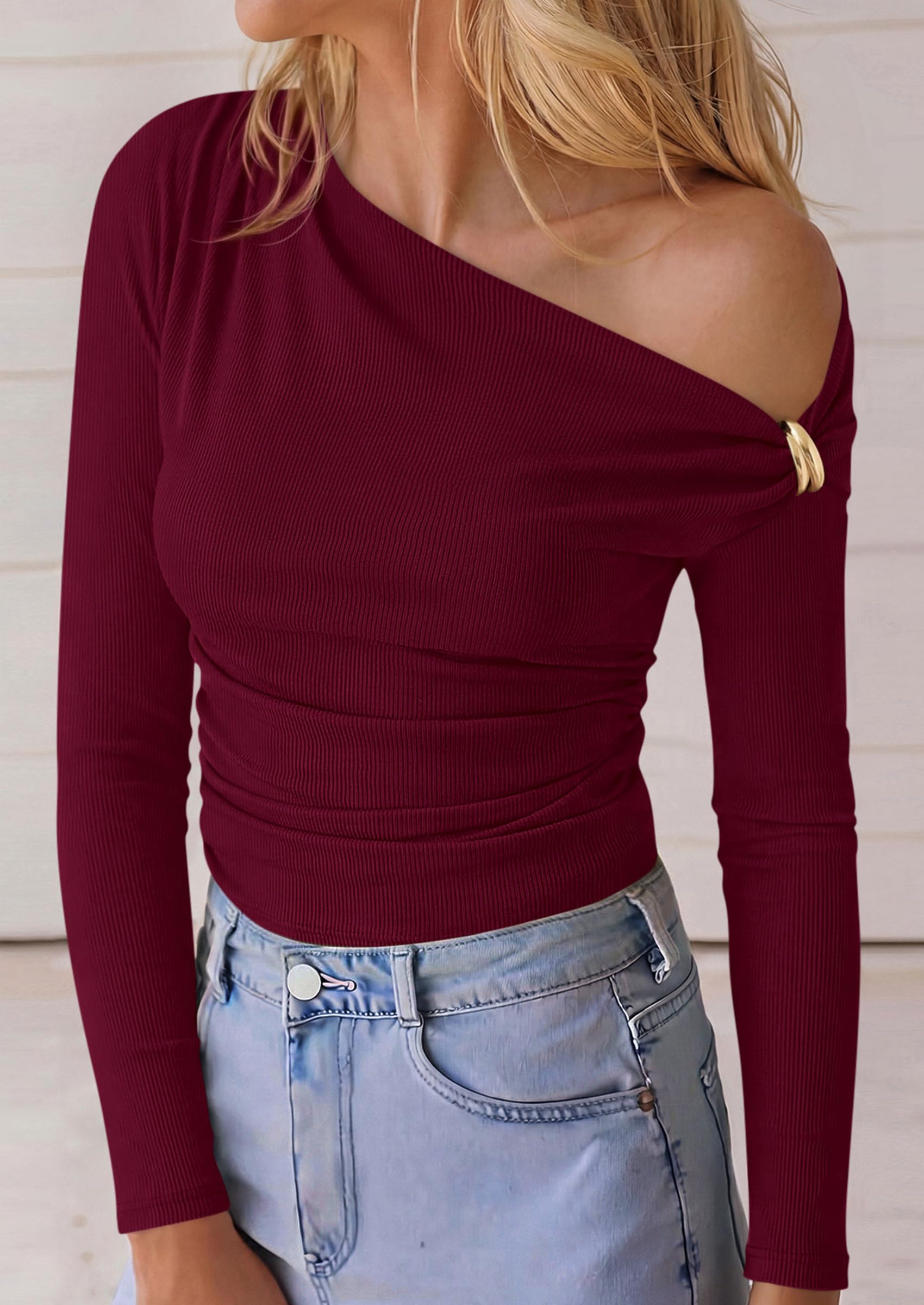 Womens Off The Shoulder Asymmetrical Tops Long Sleeve Shirts