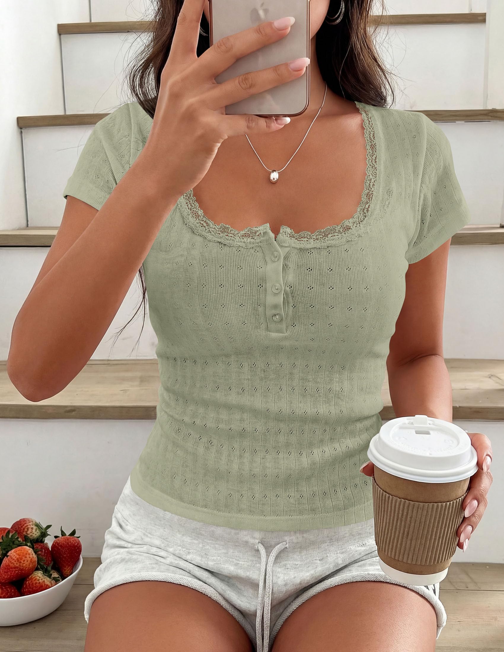 Womens Summer Lace Trim Short Sleeve Henley Top,Sage Green,S