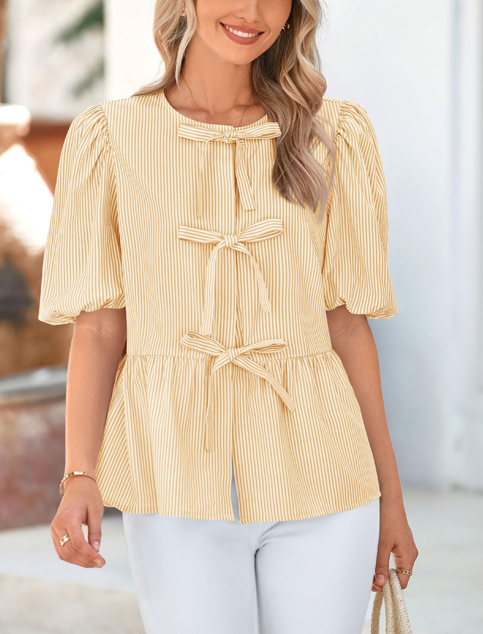 Women Striped Tie Front Babydoll Peplum Tops, Yellow,M