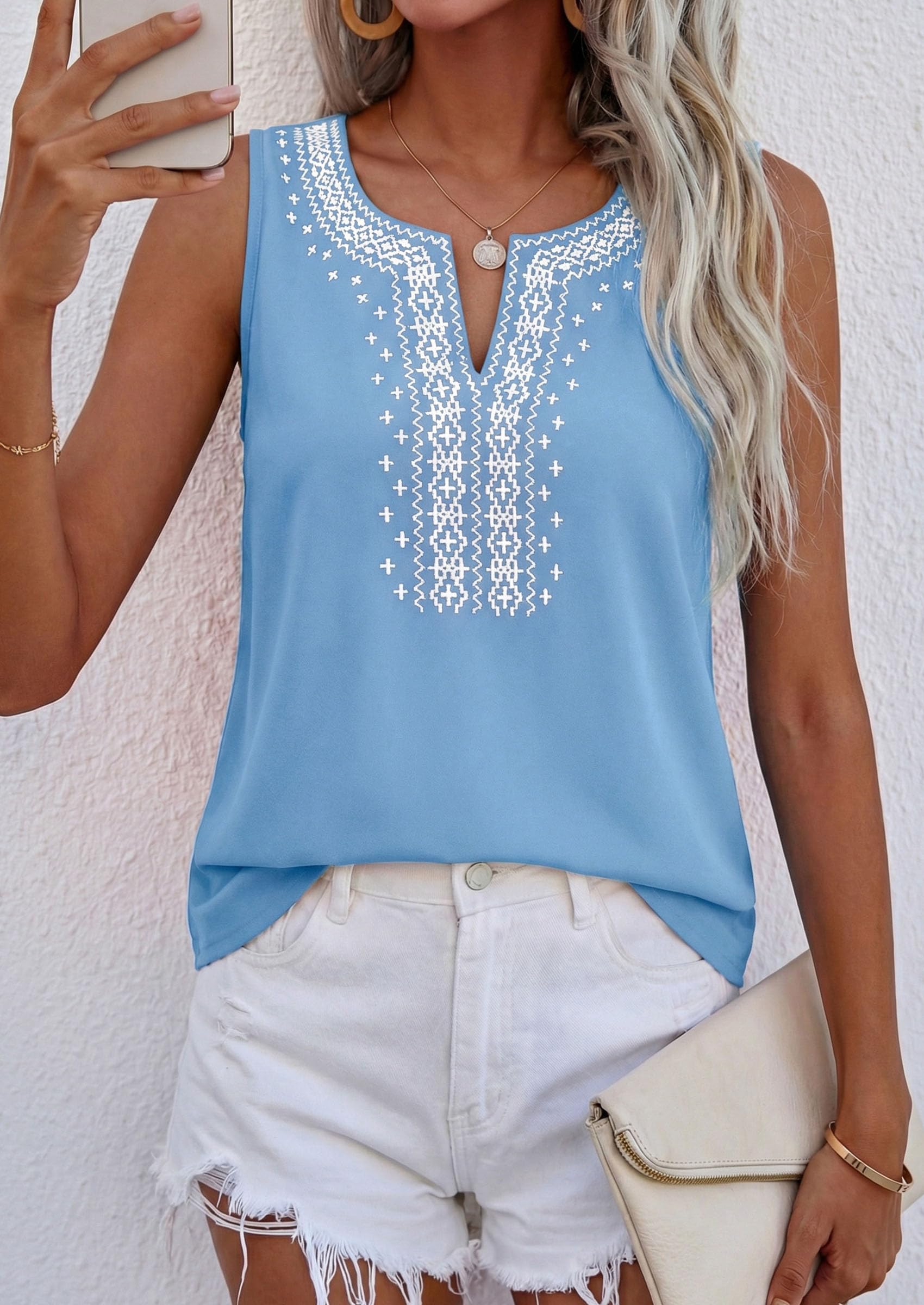 Womens Embroidered Sleeveless Tank Tops Light Blue,S