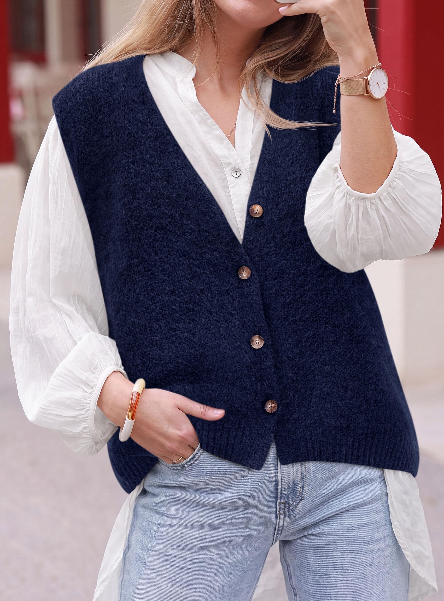 Womens Fall Sleeveless Button Down Sweater Vest,Navy,S