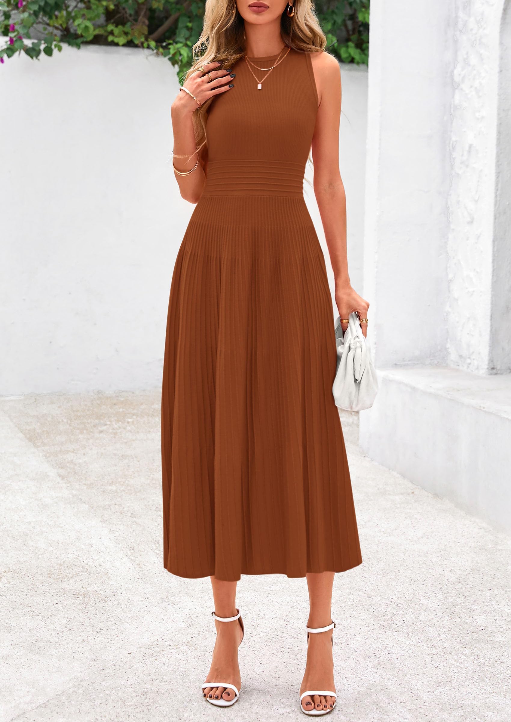 Women's Summer Pleated Midi Work Dress,Caramel,S