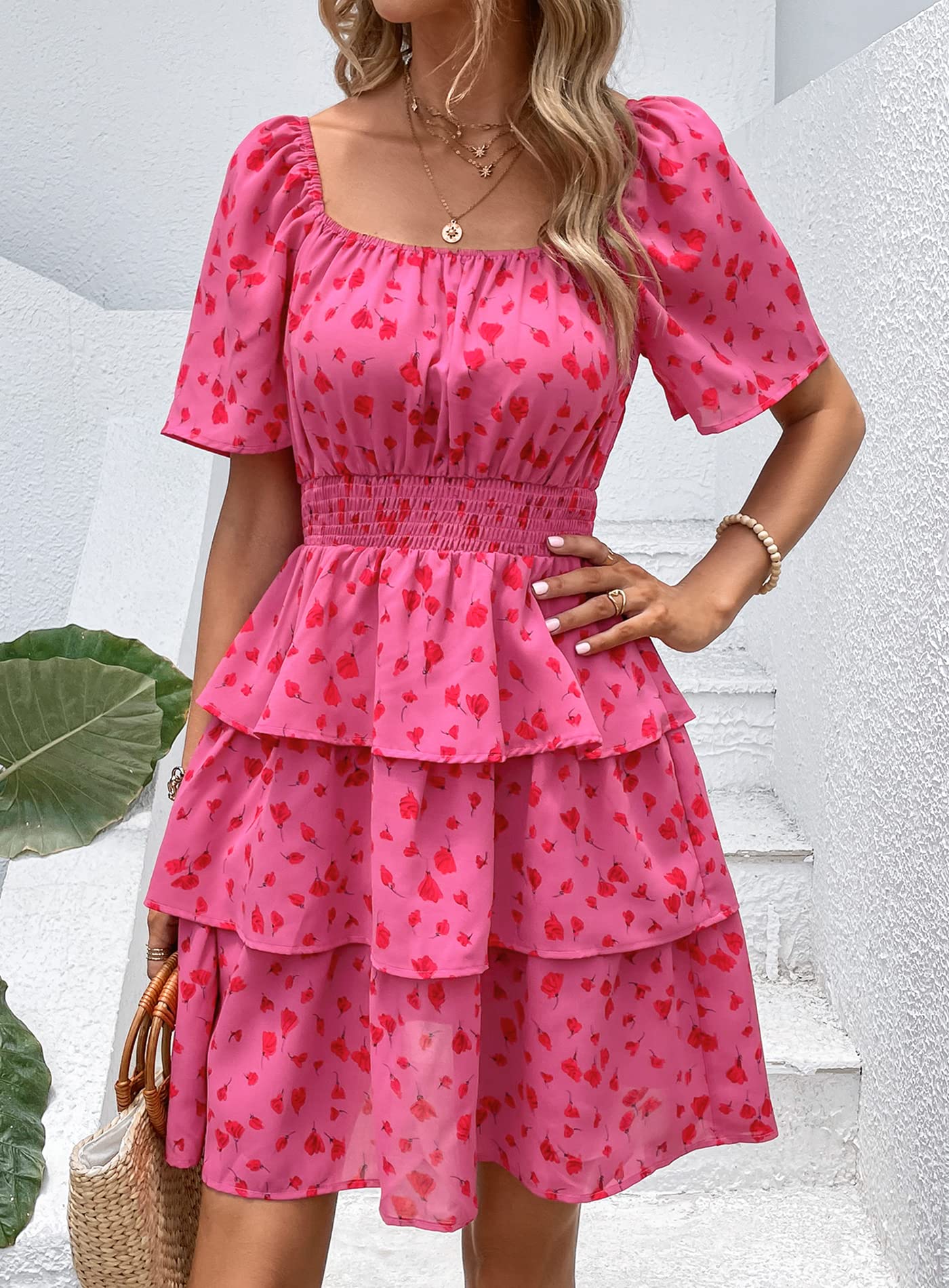 Women's Summer Floral Ruffle Short Dress Red Floral,S