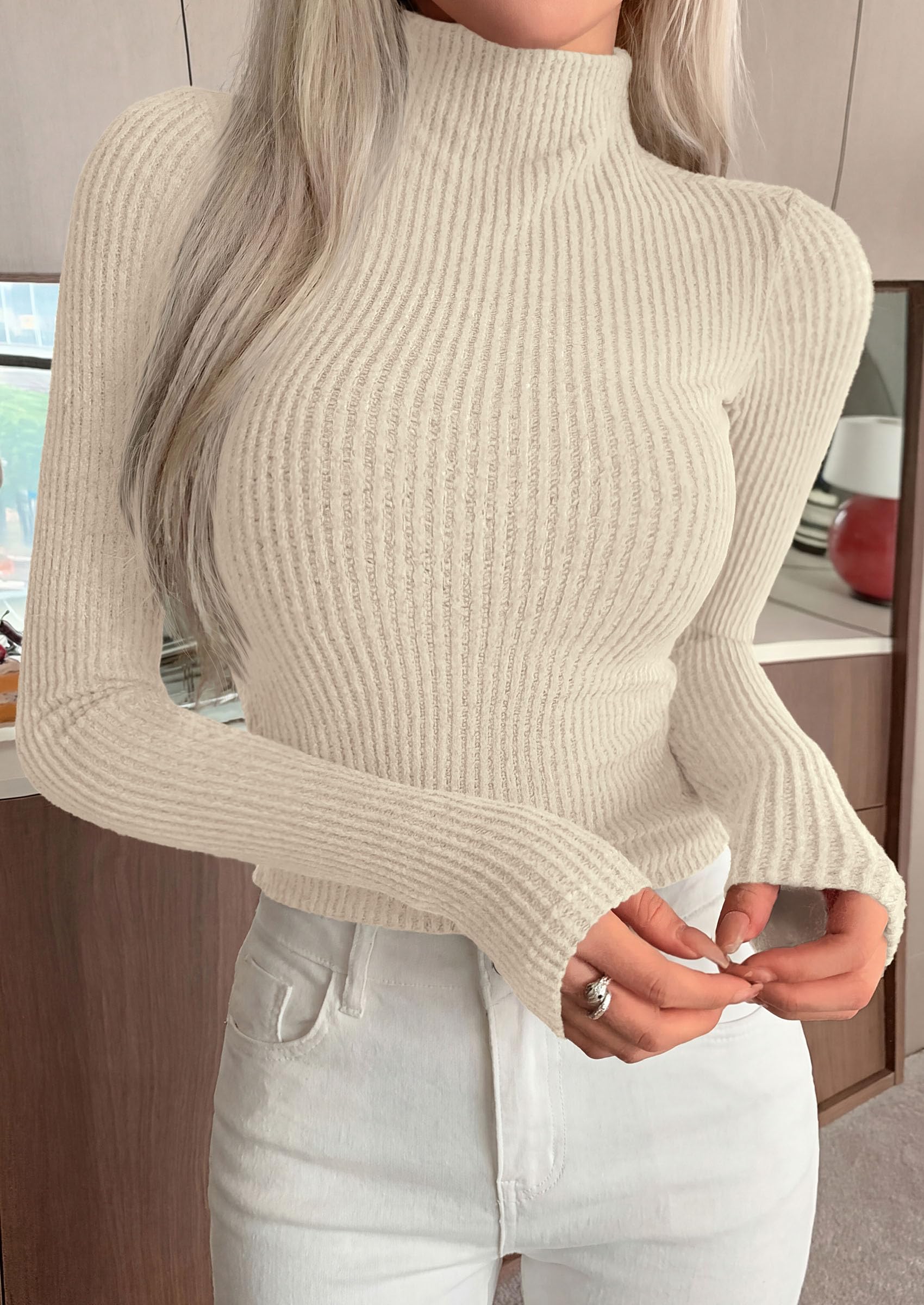 Long Sleeve Shirts for Women Fall Ribbed Mock Turtleneck Tops