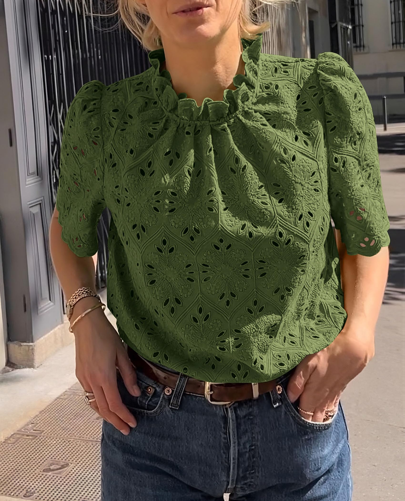 Women Summer Tops Eyelet Embroidered Shirts,Army Green,XS