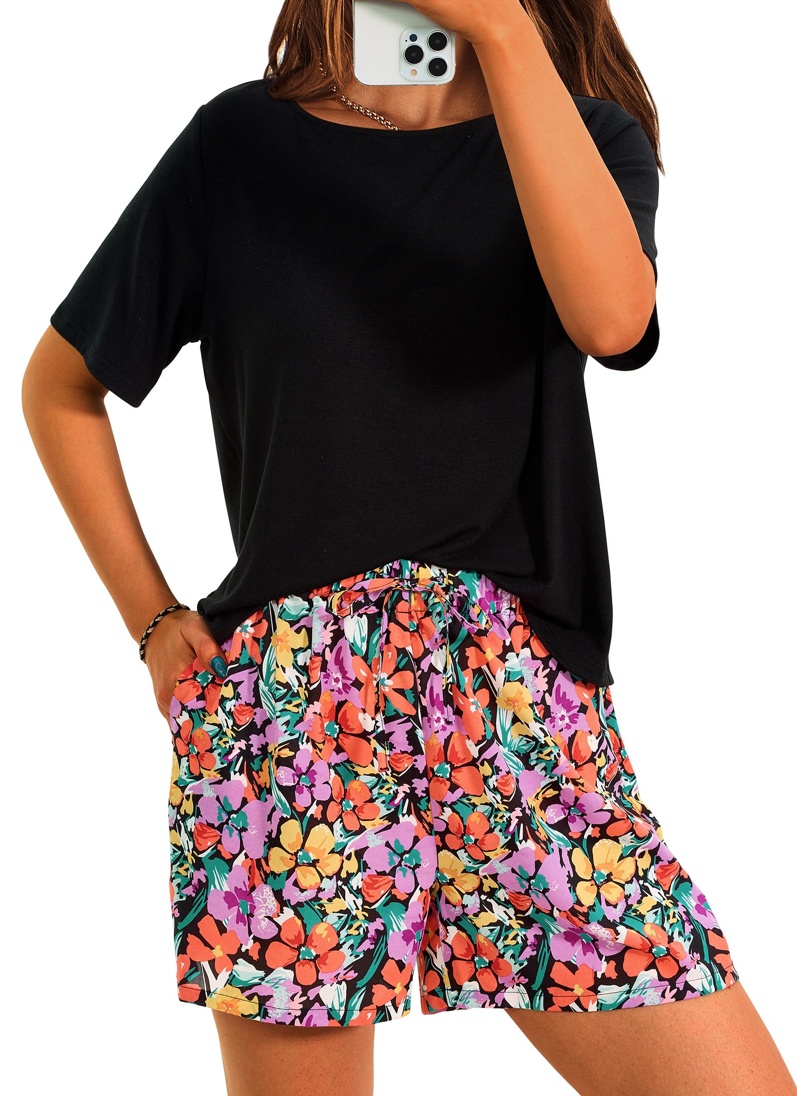 Women's Summer 2 Piece Outfits Short Sets Floral Black,Small