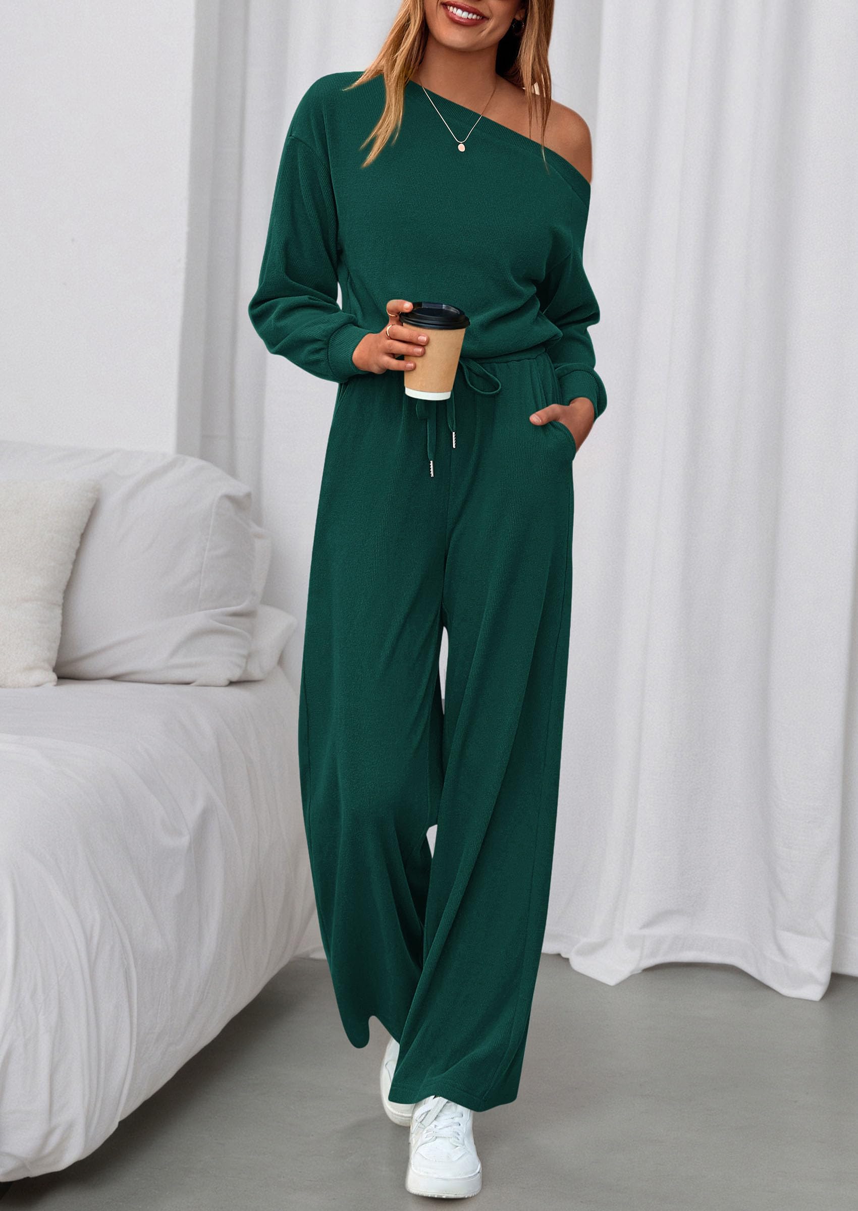 Womens Off Shoulder Long Sleeve Jumpsuit,Dark Green,S