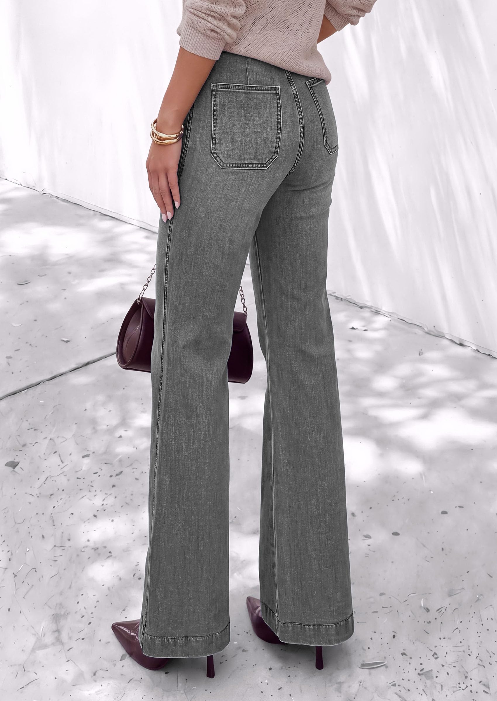 Womens High Waisted Wide Leg Jeans Demin Pants Grey