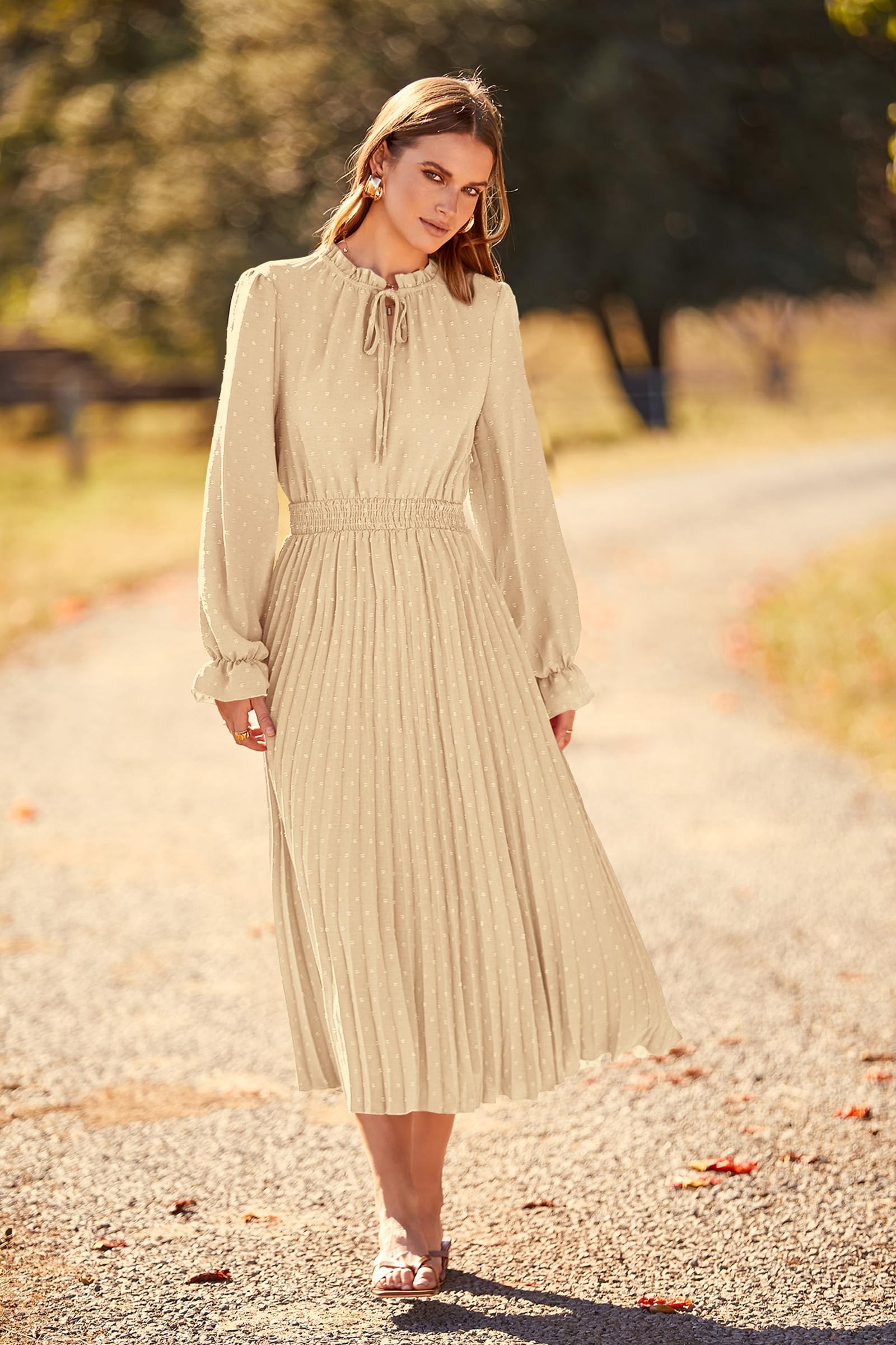 Women's Fall Midi Wedding Guest Dress(Apricot,Small)
