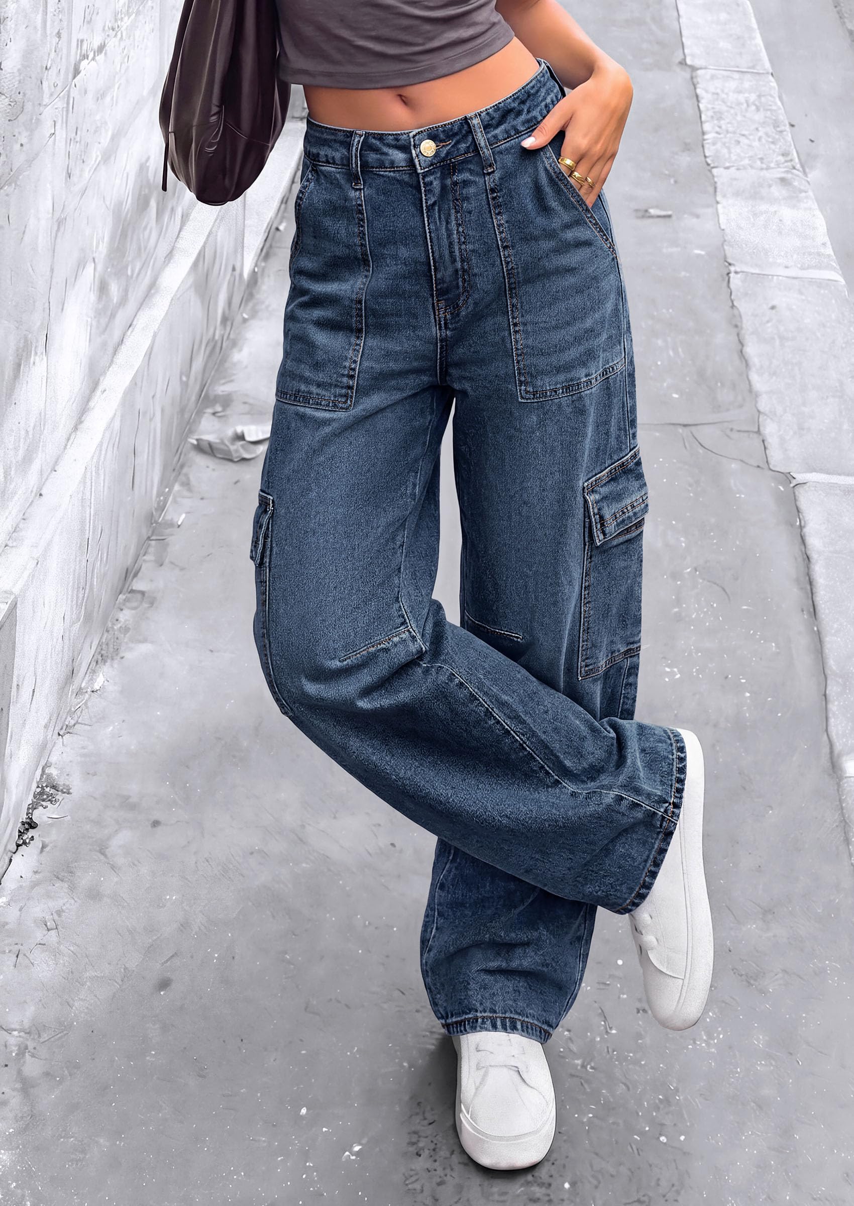 Barrel Pants Women Wide Leg Baggy Denim Jeans Dark Blue,4