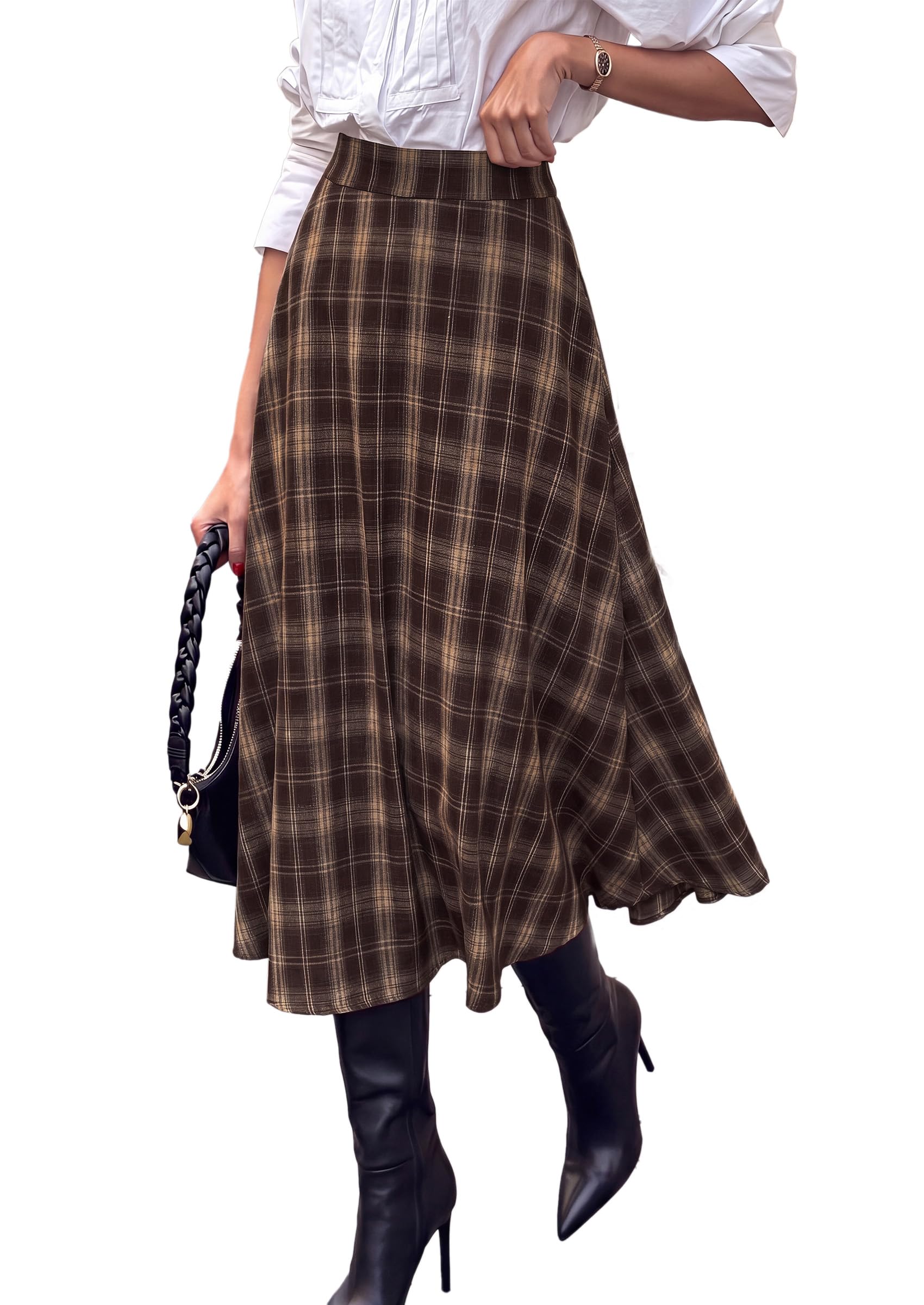 Women's Plaid High Waisted A-Line Midi Skirts,Brown,L