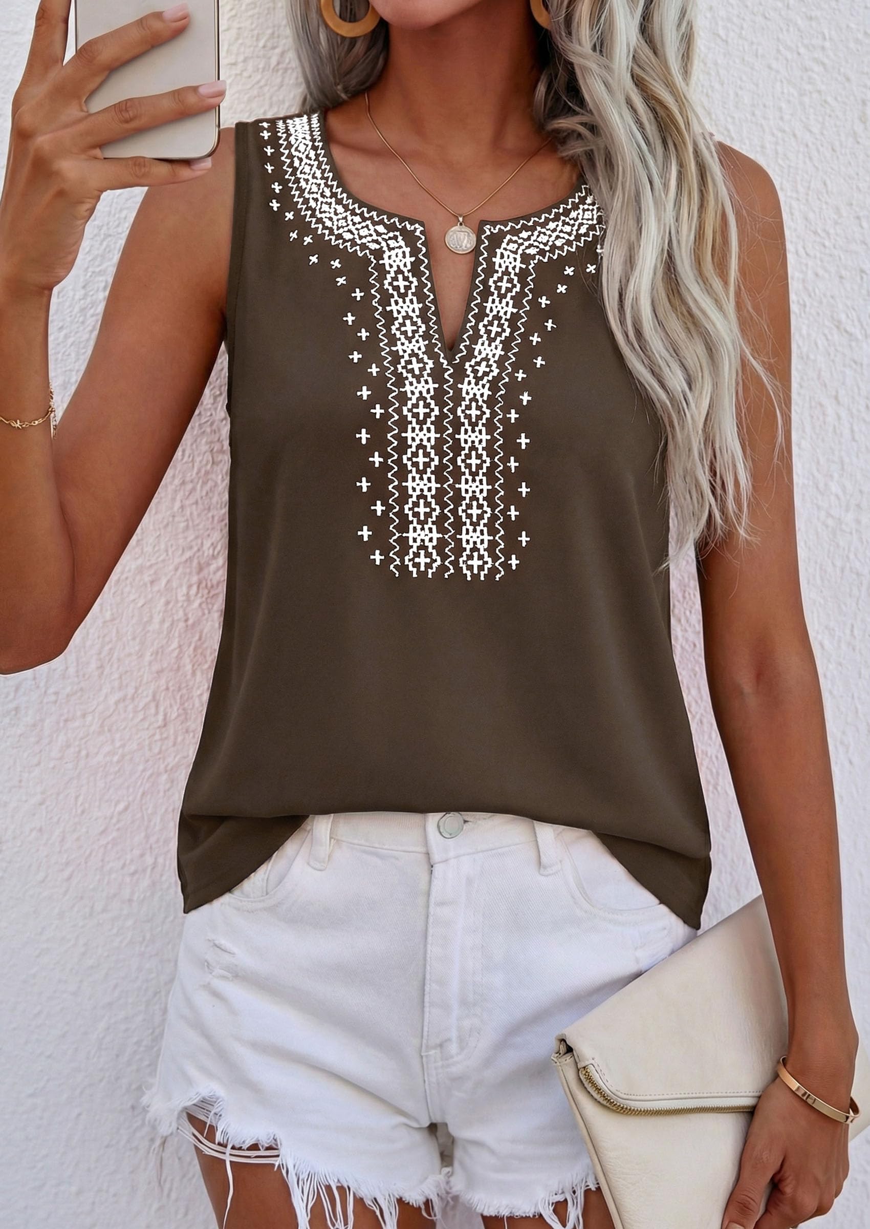 Womens Embroidered Sleeveless Tank Tops Brown,S