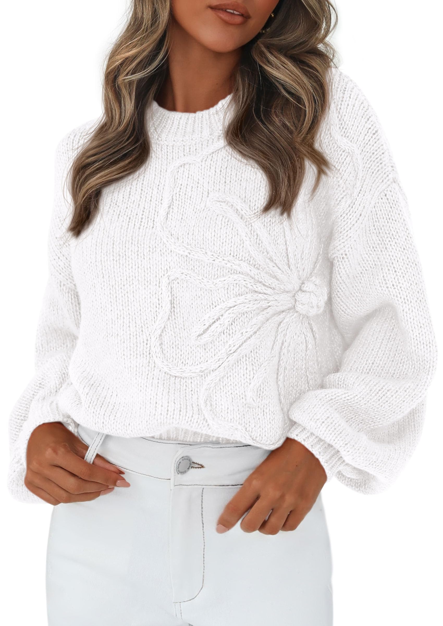 Women's Oversized 3D Floral Knit Sweater,White,S