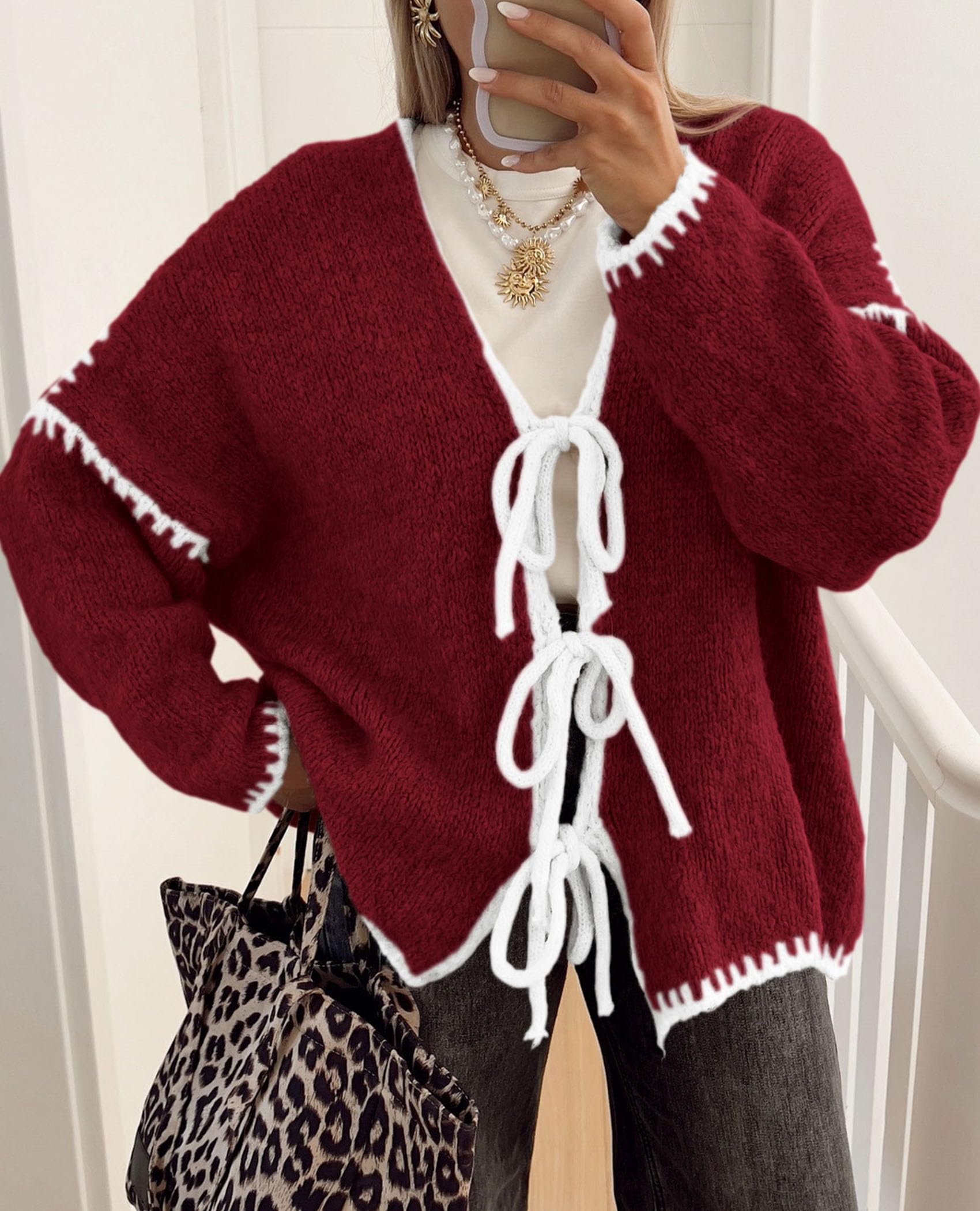 Women's Tie Front Bow Cardigan Sweaters(Wine Red White,Small)