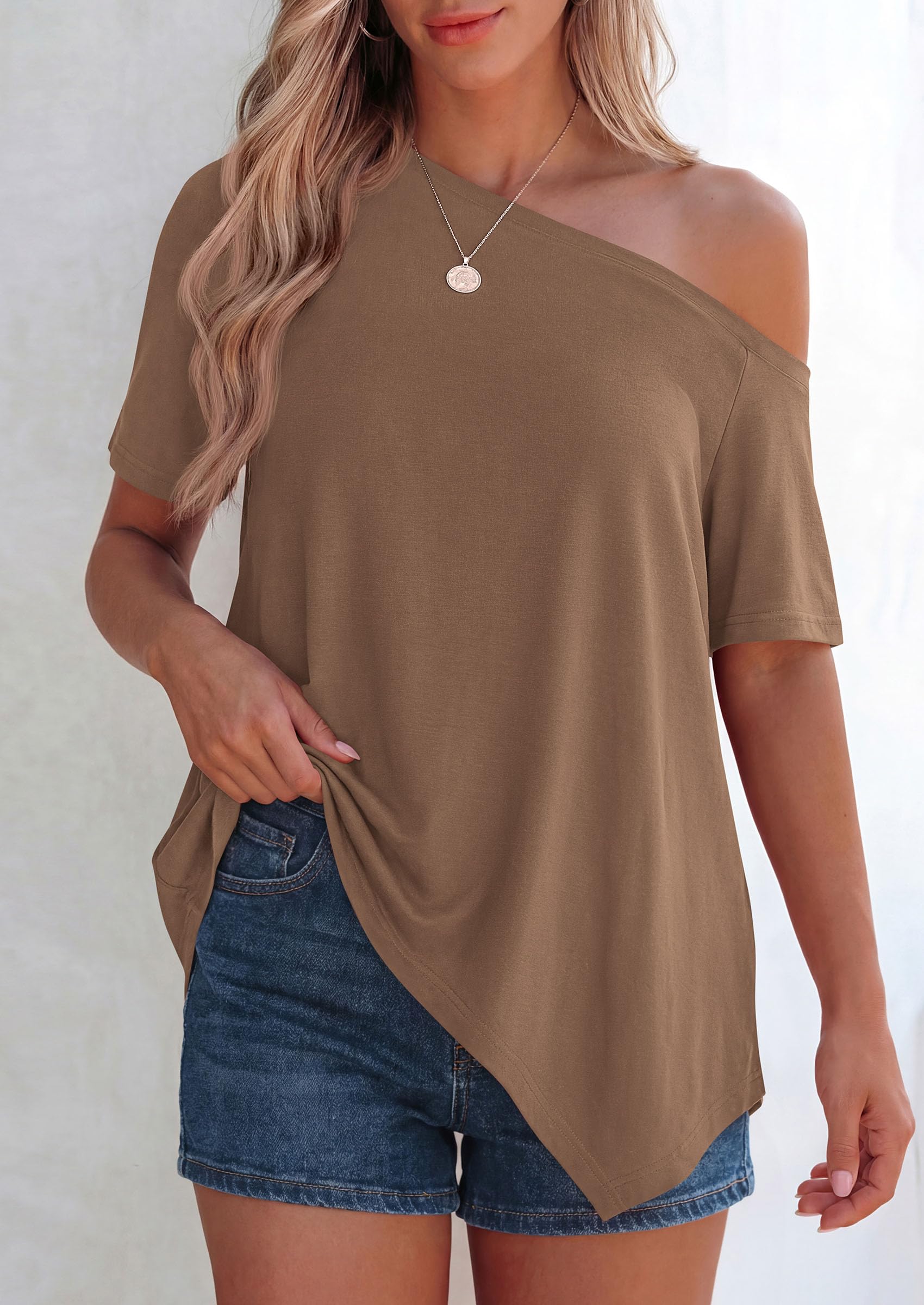 Off Shoulder Tops for Women Oversized Tshirts, Dark Khaki,S