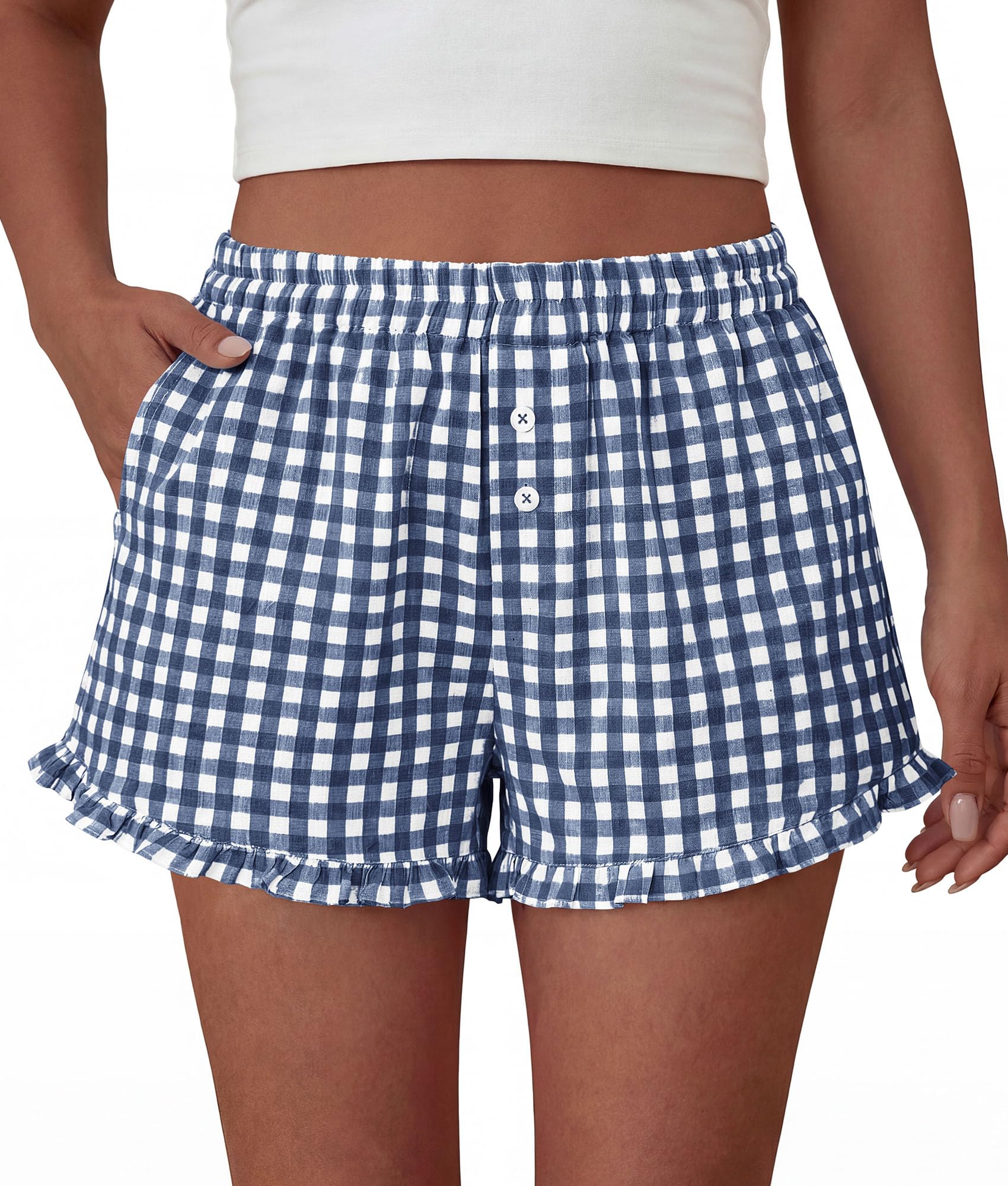 Womens Boxer Shorts Striped Gingham Ruffle Pajama Bottoms