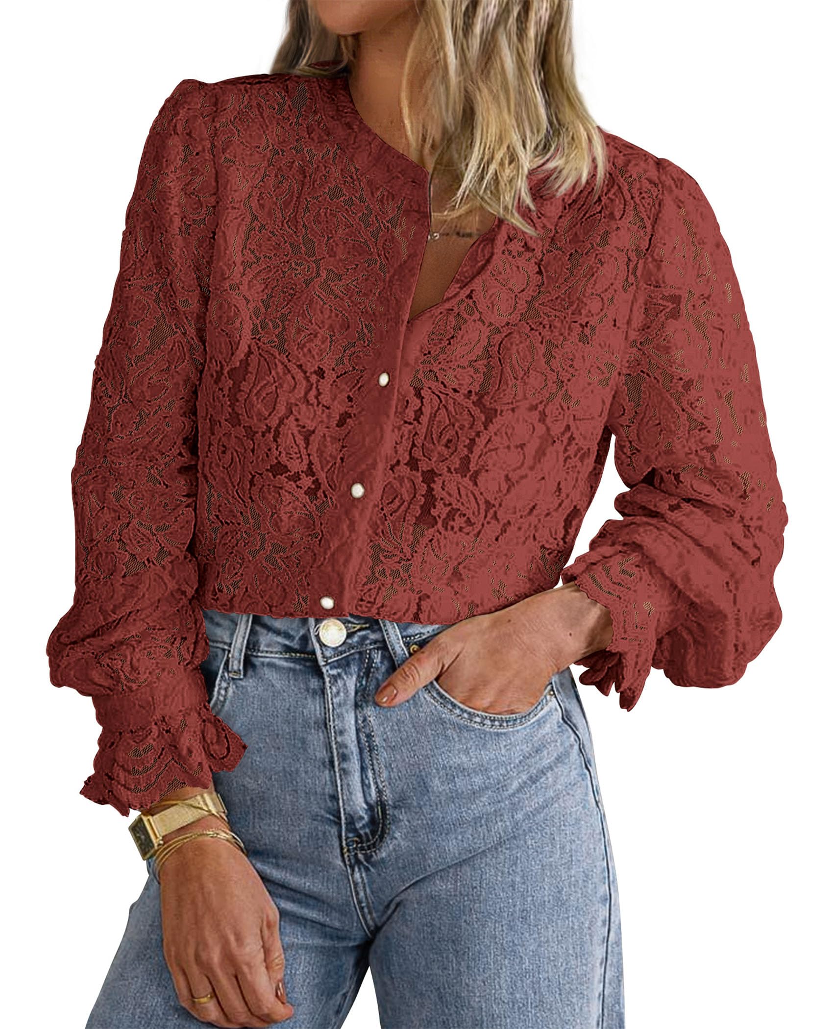 Women's Fall Trendy Long Sleeve Lace Tops(Brown Red,Small)