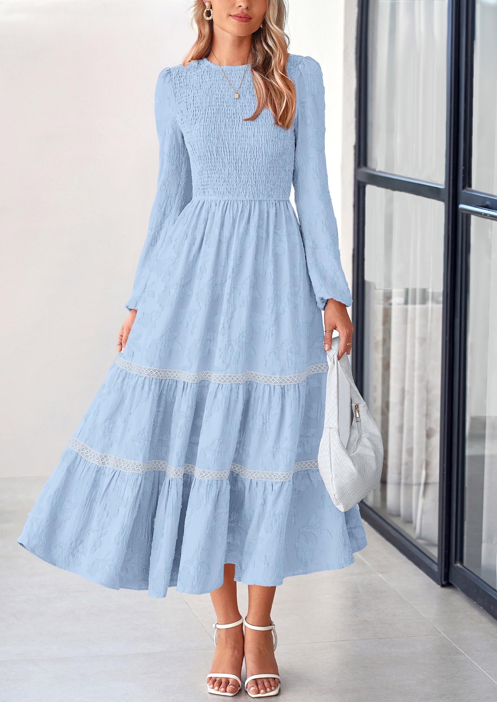 Women's Long Sleeve Boho Floral Midi Dress, Light Blue,M