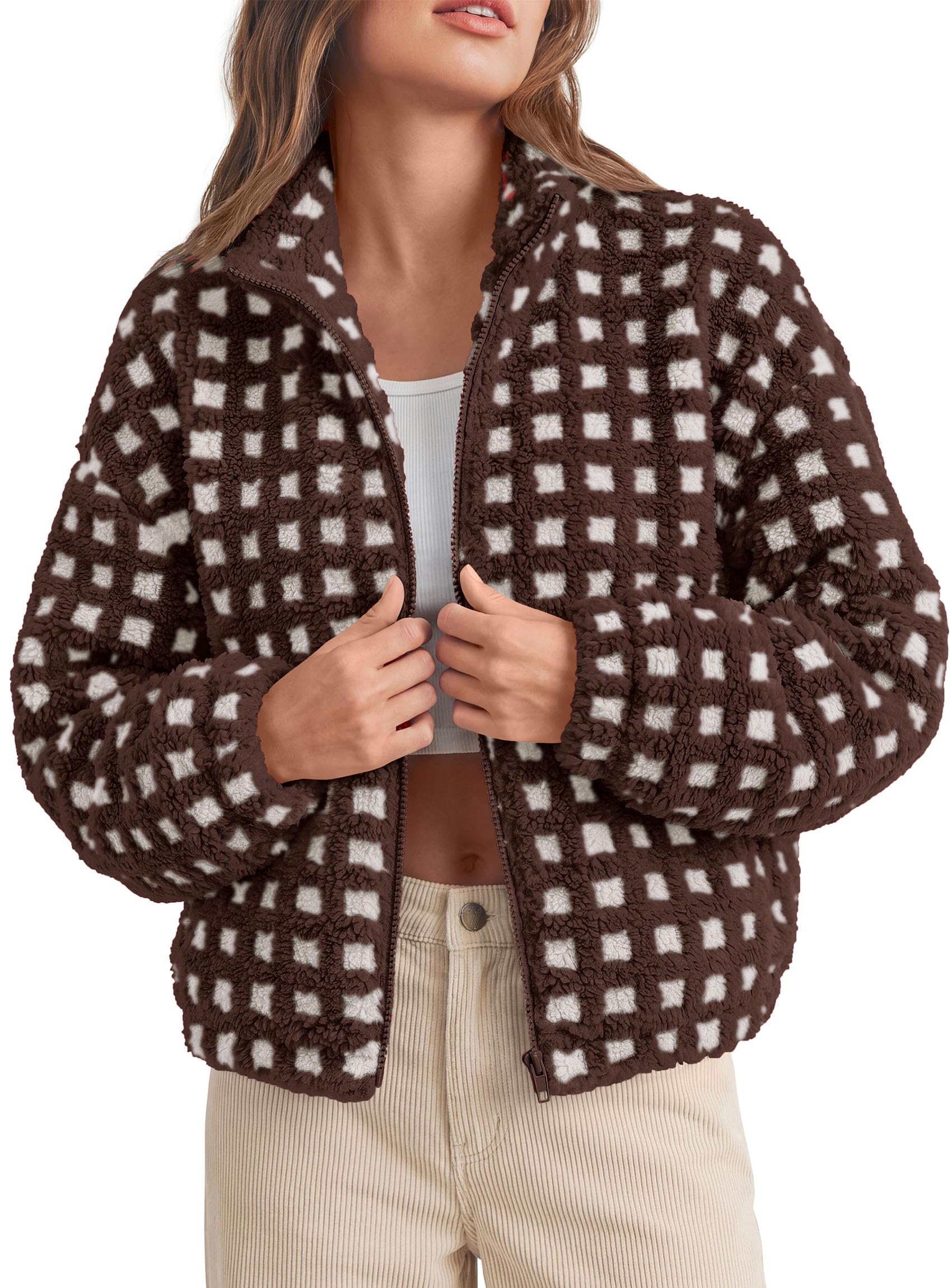 Women's Gingham Sherpa Fleece Jacket Plaid Cropped Teddy Coat