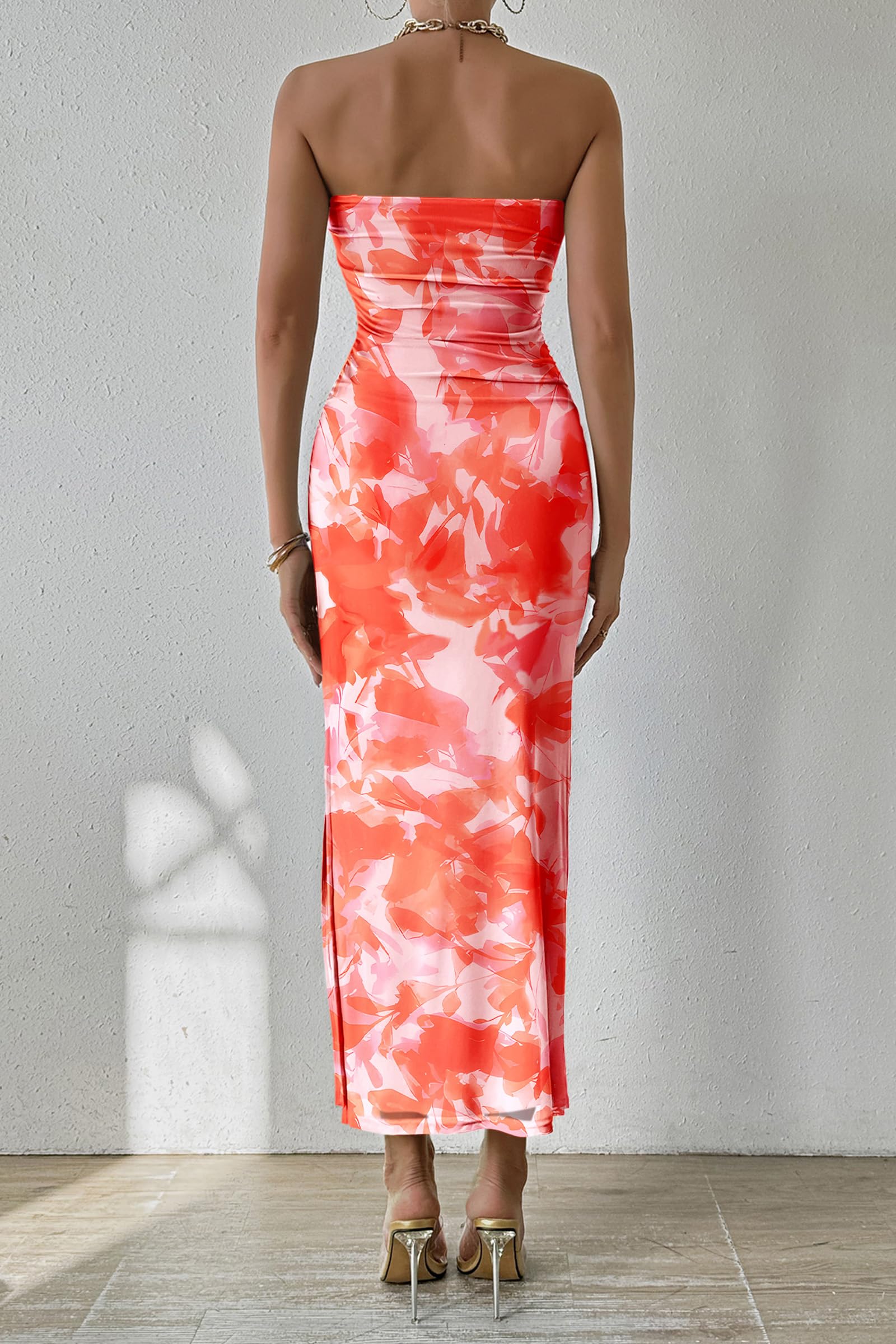 Womens Strapless Bodycon Maxi Dress, Print Light Orange,S