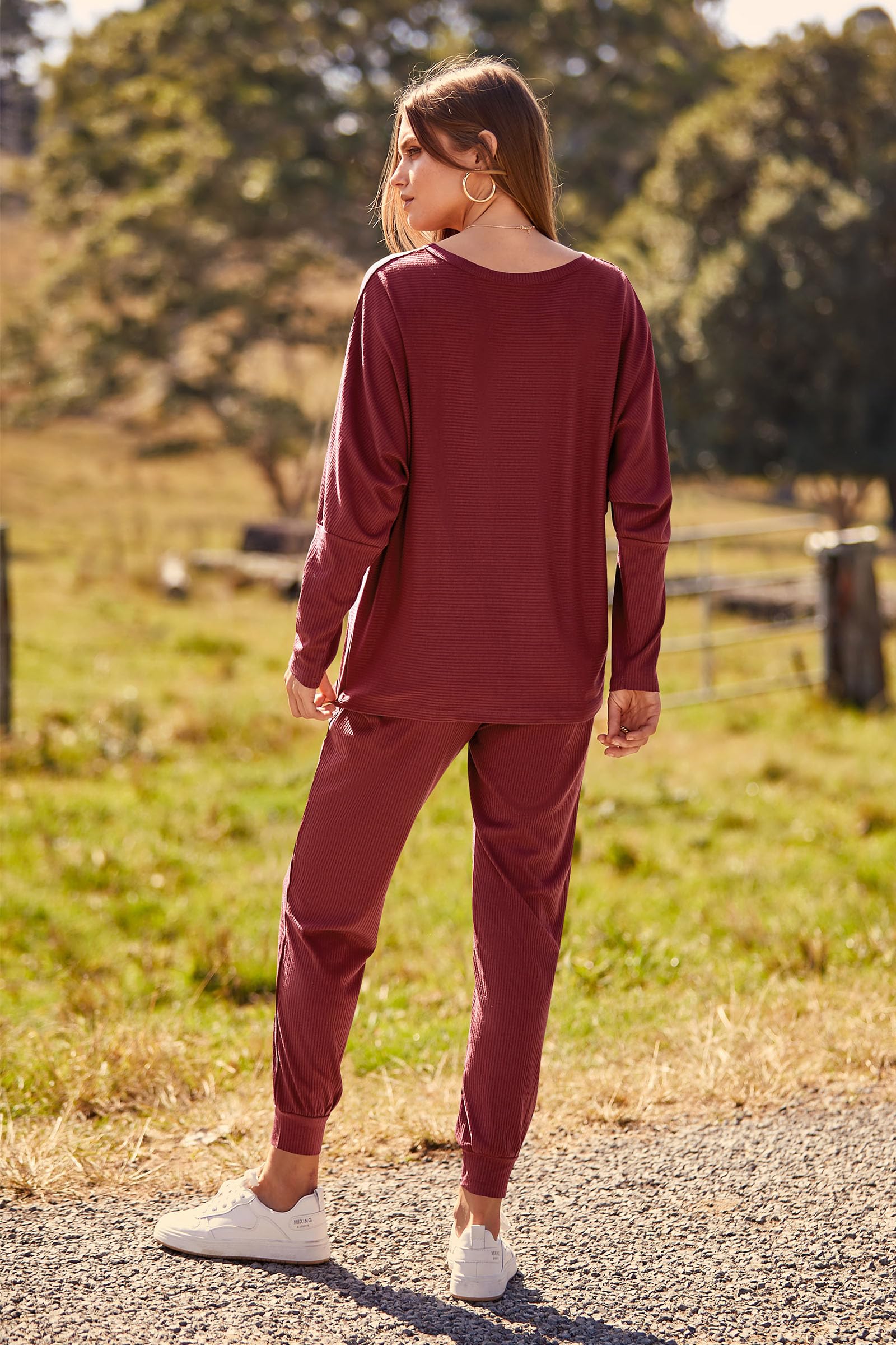 Women's 2 Piece Outfit Matching Lounge Set, Brown Red,S