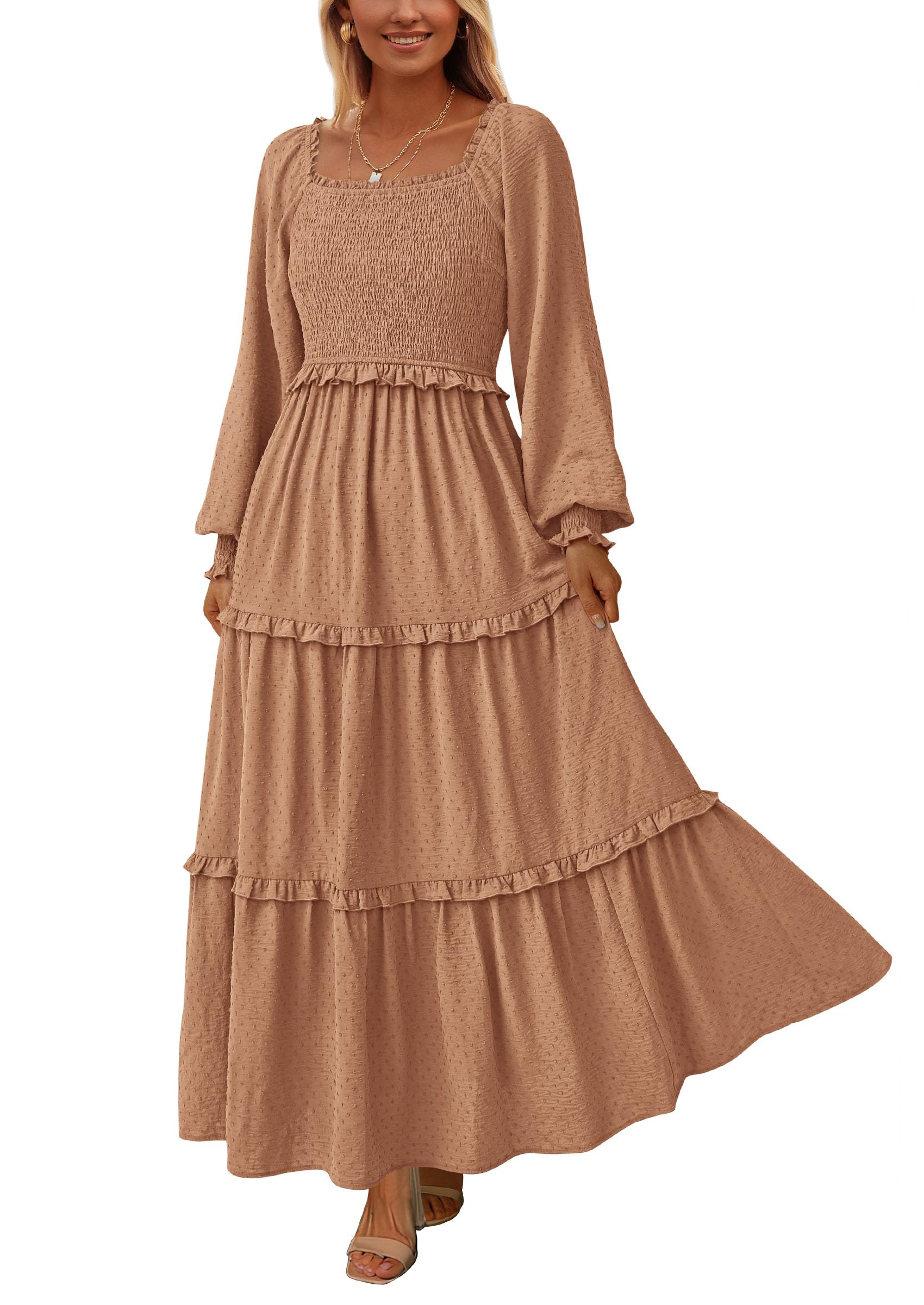 Women's Smocked Long Sleeve Maxi Dress Wedding Guest Dresses