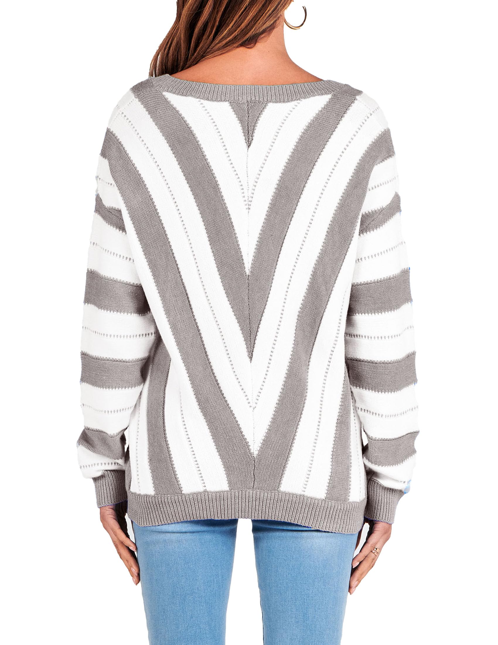 Sweaters for Women 2025 Long Sleeve Striped Knitted V Neck Pullover Jumper Tops Fall Outfits Fashion Clothing (Striped Grey,Small)