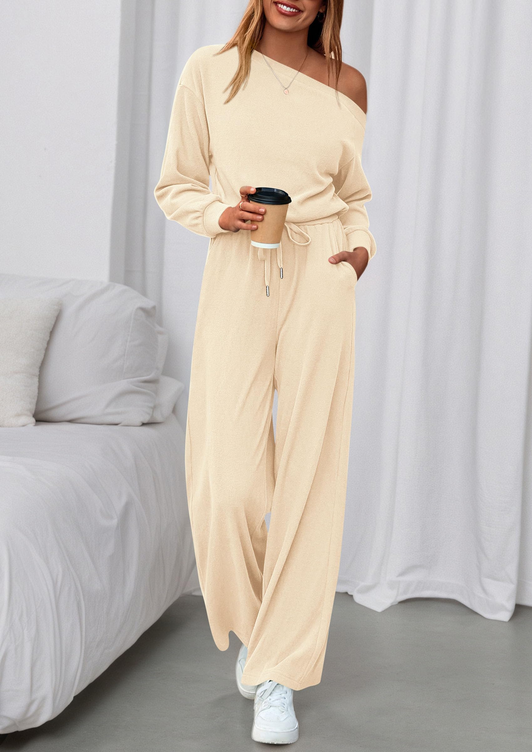 Womens Off Shoulder Long Sleeve Jumpsuit,Apricot,M