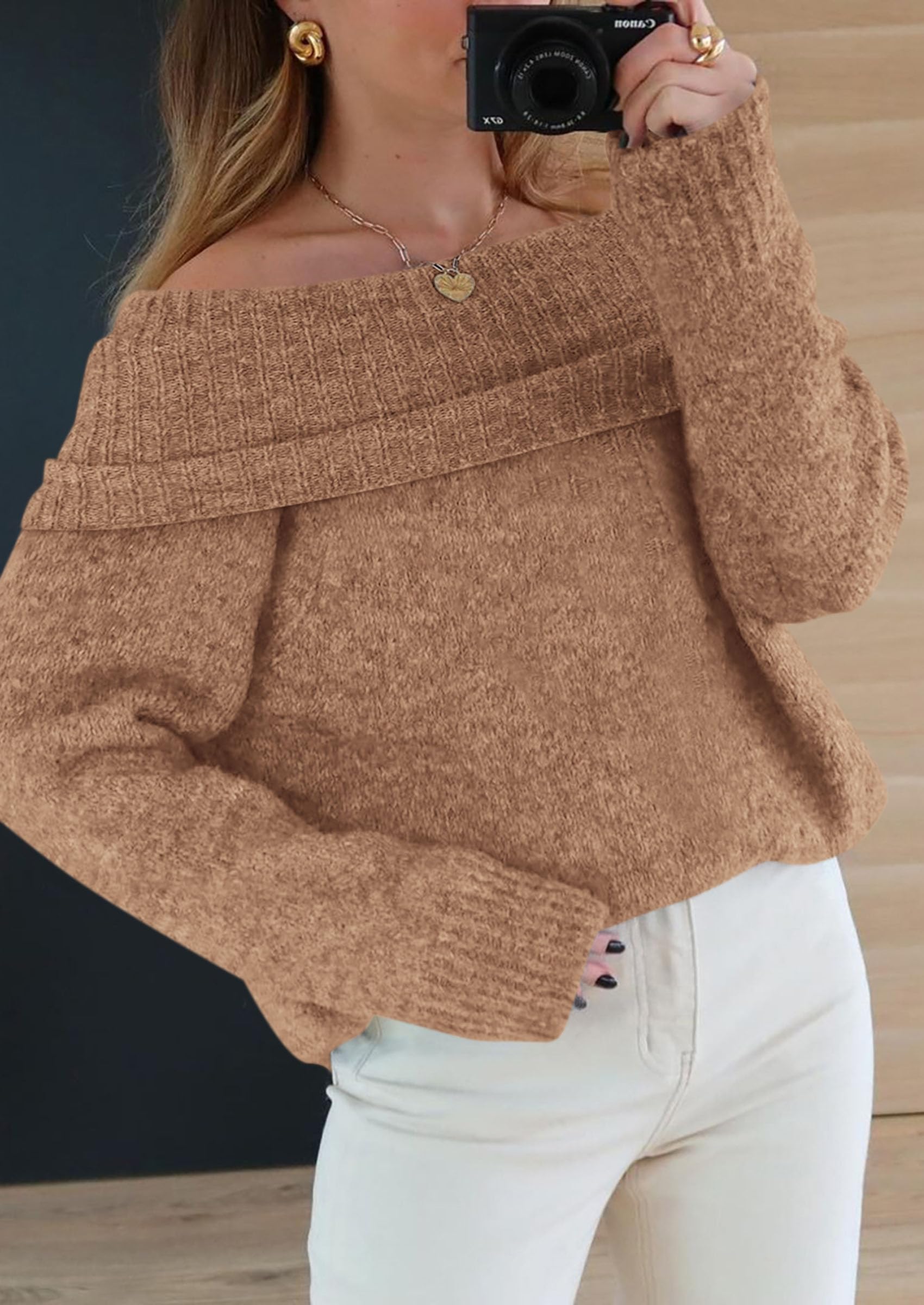 Women's Fall Off The Shoulder Sweater,Camel,S