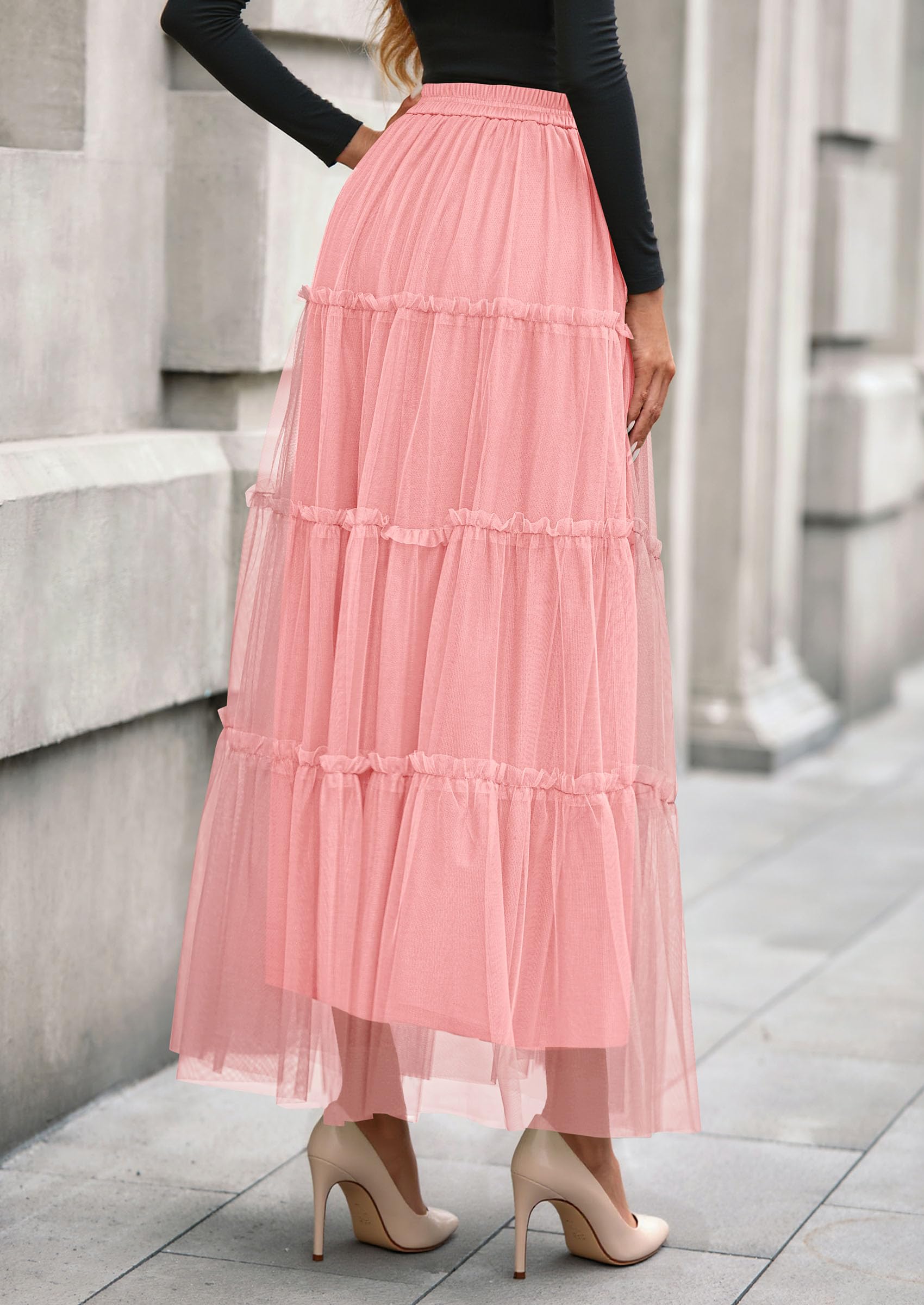 Women's Fall Soft Tulle Tiered Long Skirt,Light Pink,S
